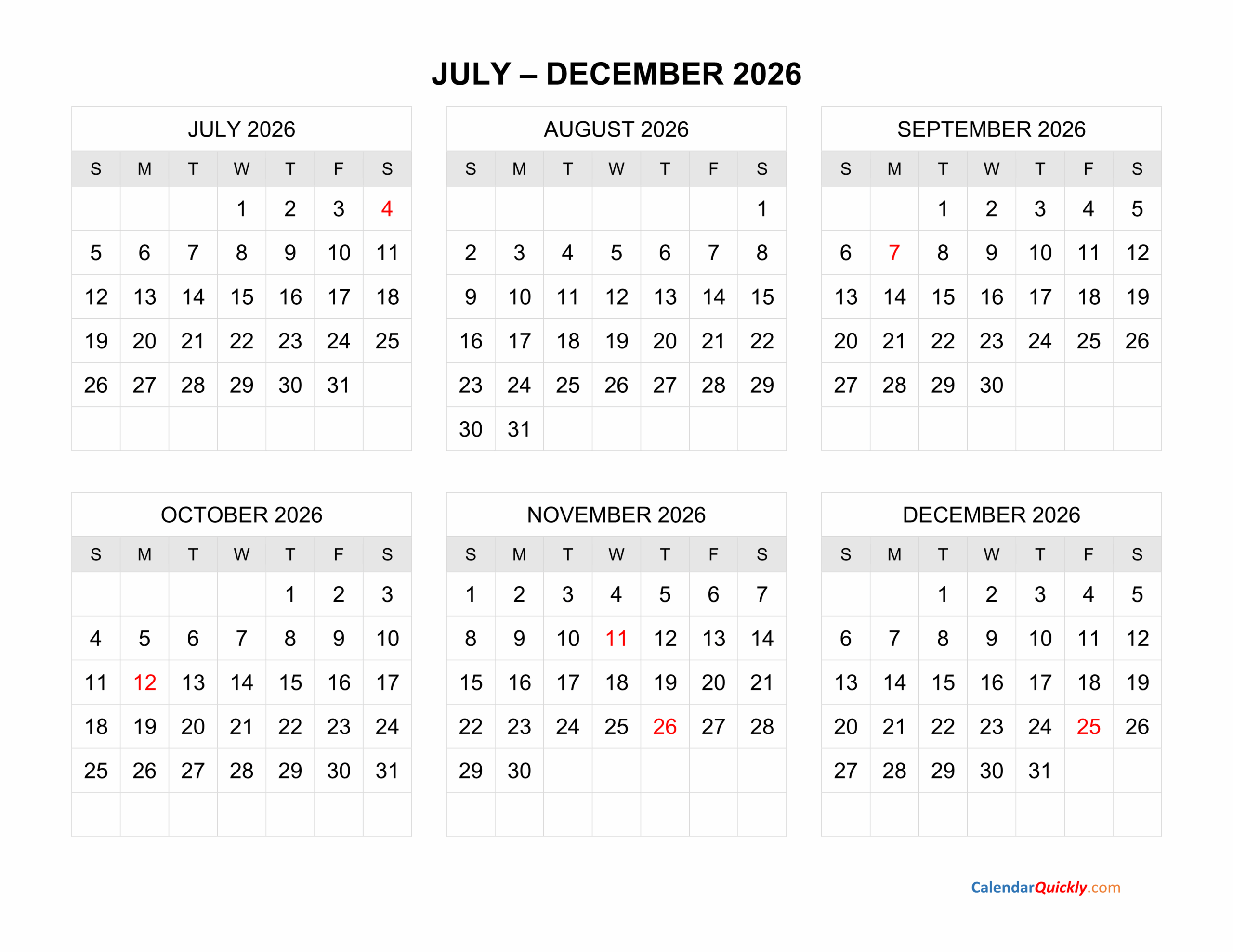 July To December 2026 Calendar Horizontal Calendar Quickly