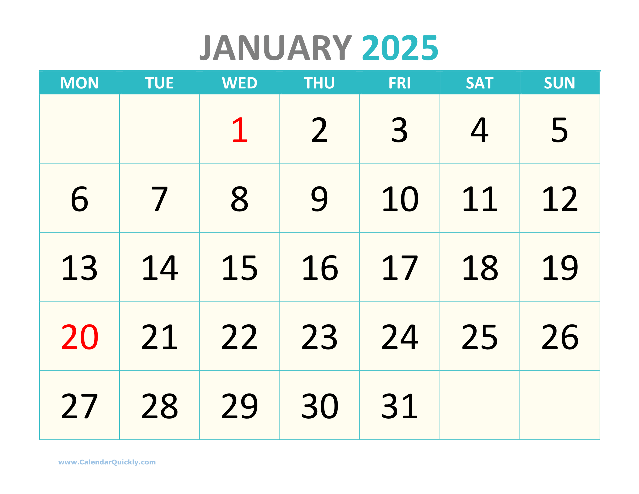 Printable Calendar 2025 Big Numbers