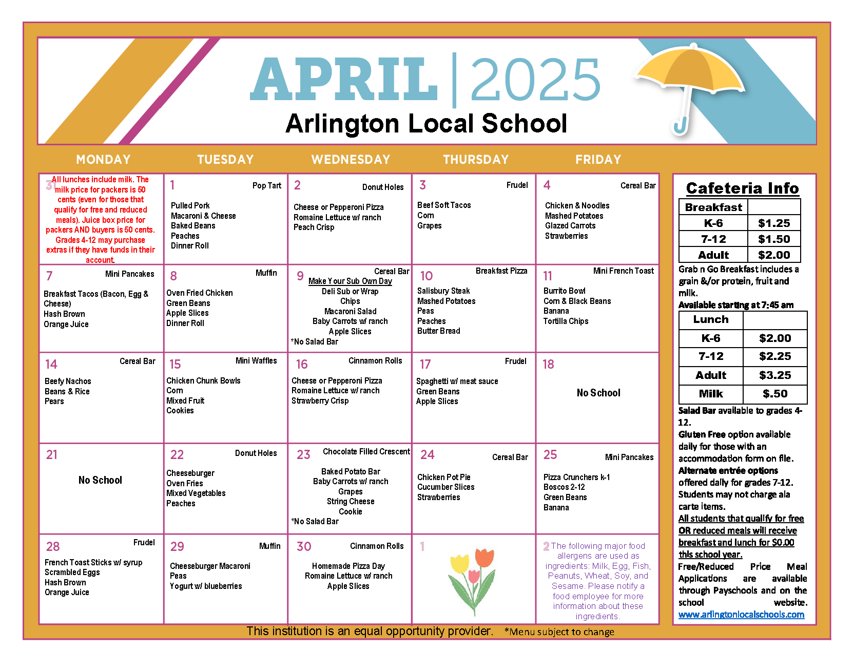 2025 Printable School Lunch Calendar 2025 Printable School Lunch Calendar