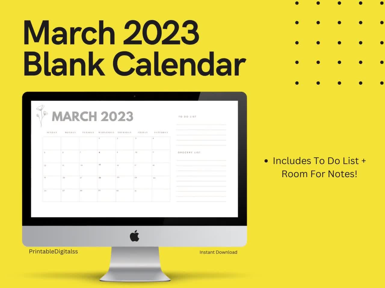 March 2023 Blank Calendar Printable fillable Etsy