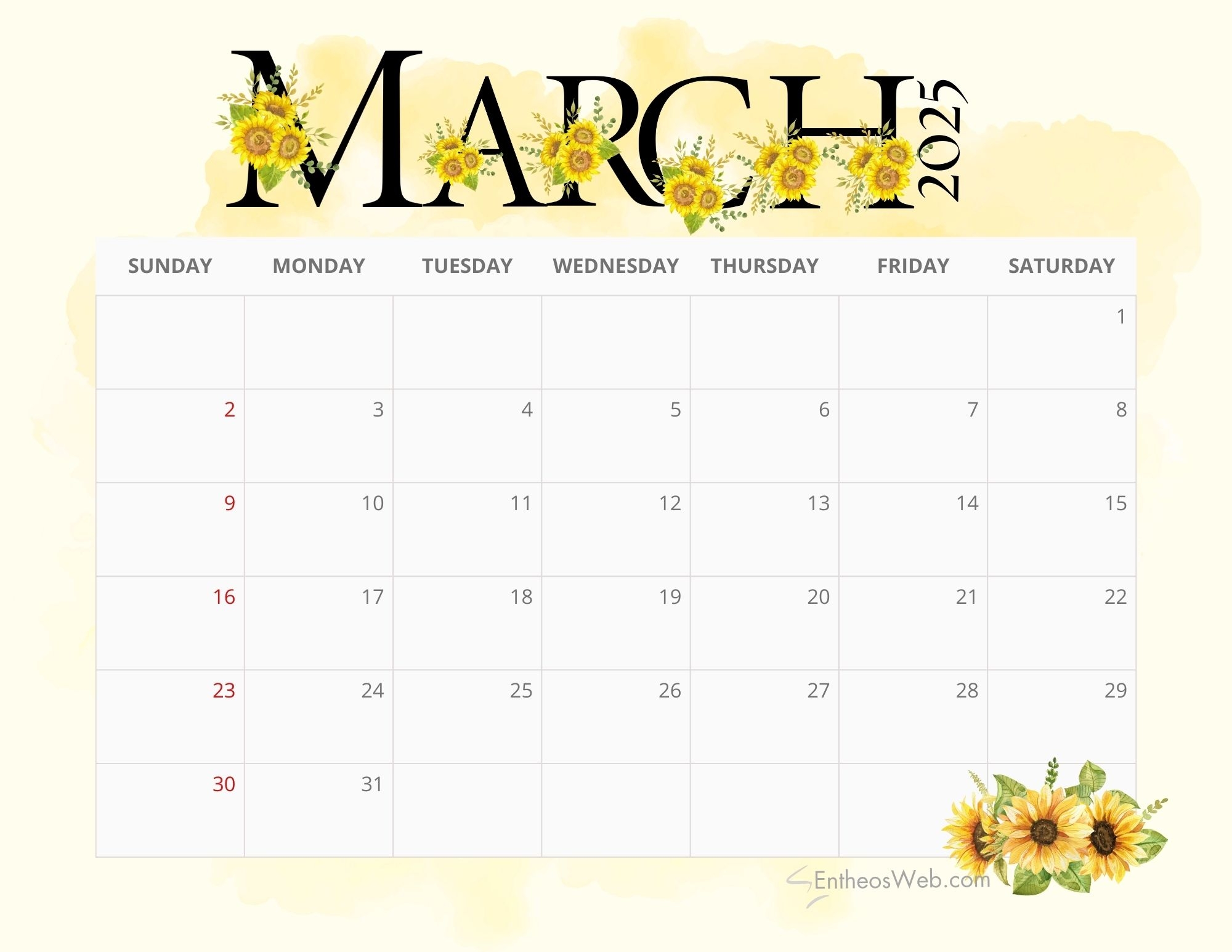 March Blank Calendar Printable