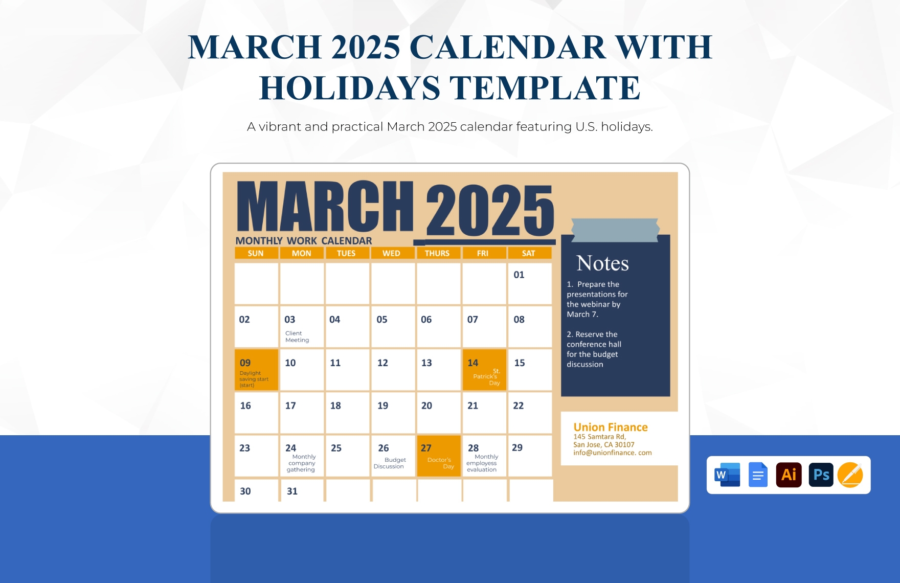 march 2025 calendar template with holidays in psd illustrator word apple pages google docs to download template