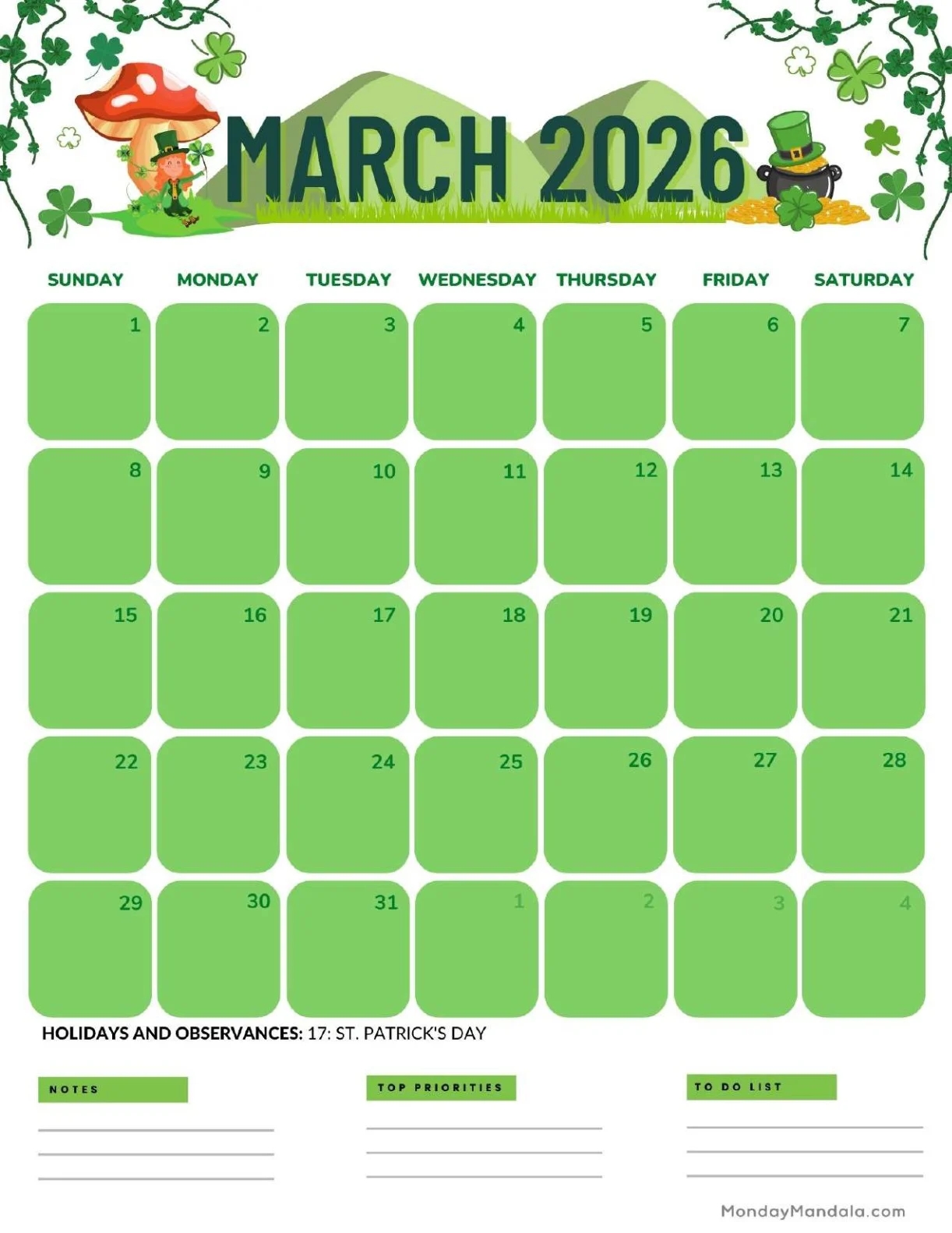 March Calendar 2026 Printable