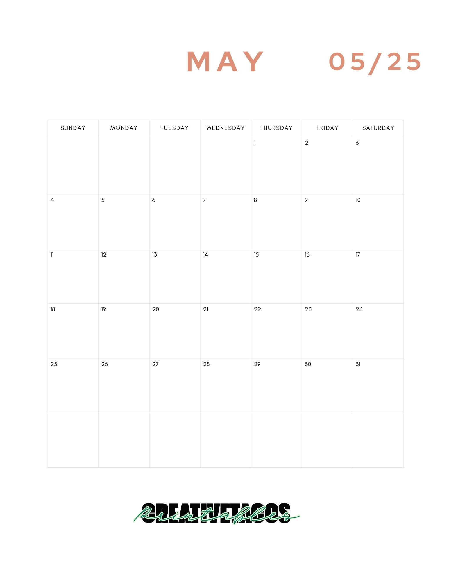 Printable Calendar Template 2025