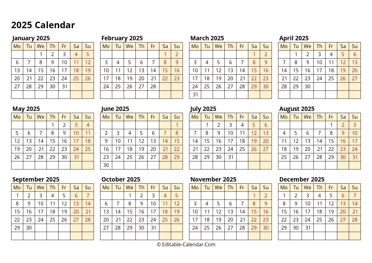 Monday Start 2025 Yearly Calendar Editable In Excel Word PDF Monday Start 2025 Yearly Calendar Editable In Excel Word PDF