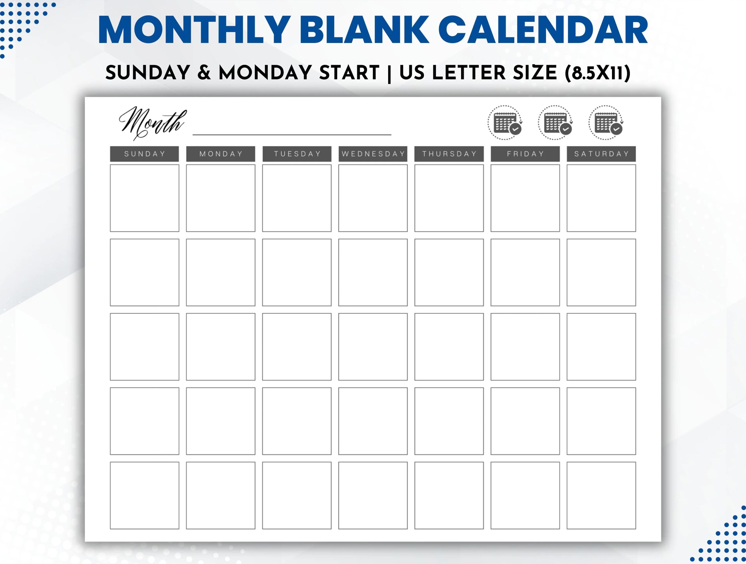 Monthly Blank Calendar Printable Monday Sunday Starts Calendar Worksheets Printable Calendar Etsy