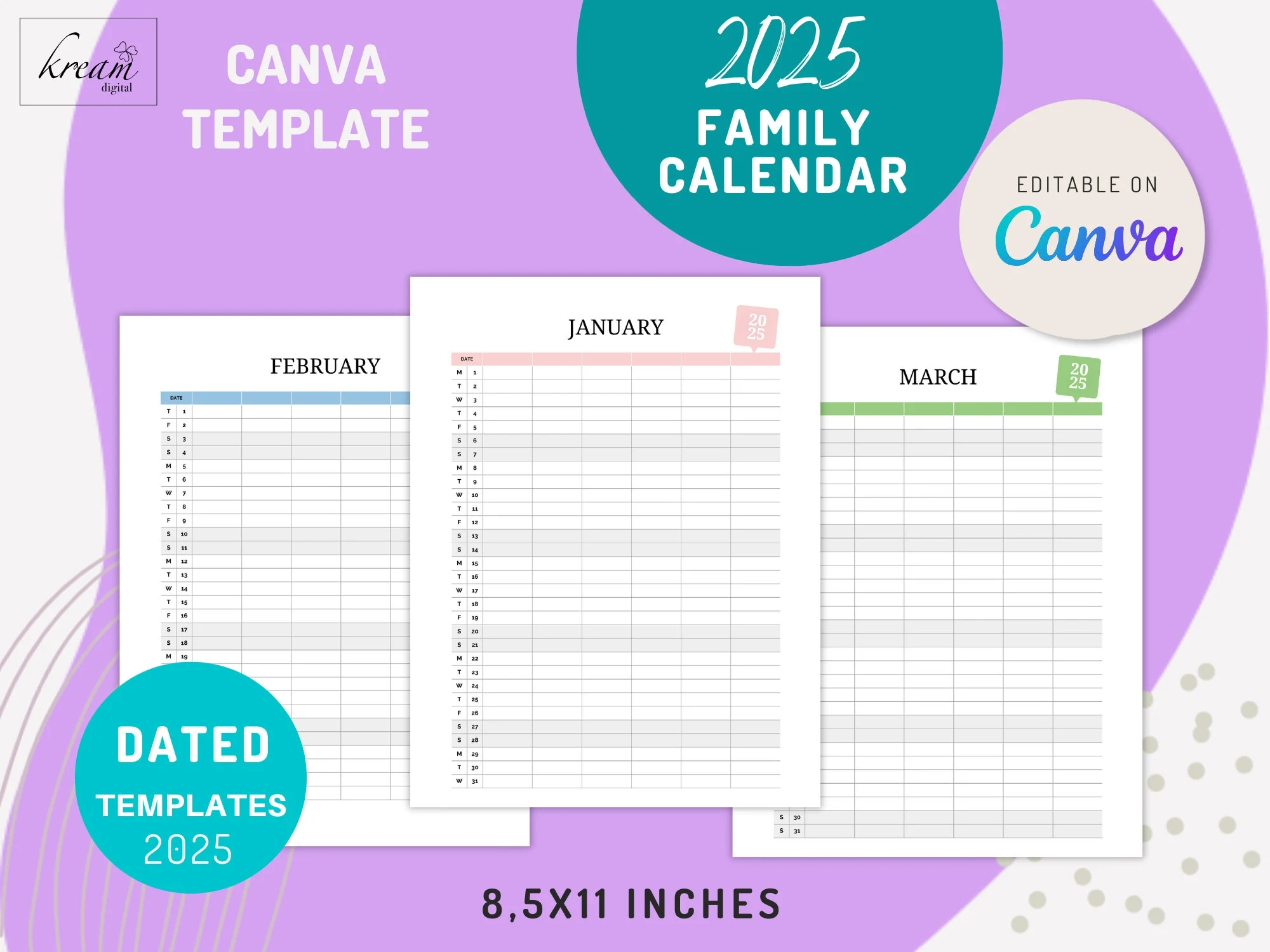 Monthly Family Calendar 2025 Canva Editable Printable Letter Size 4 5 And 6 Family Members Versions Etsy