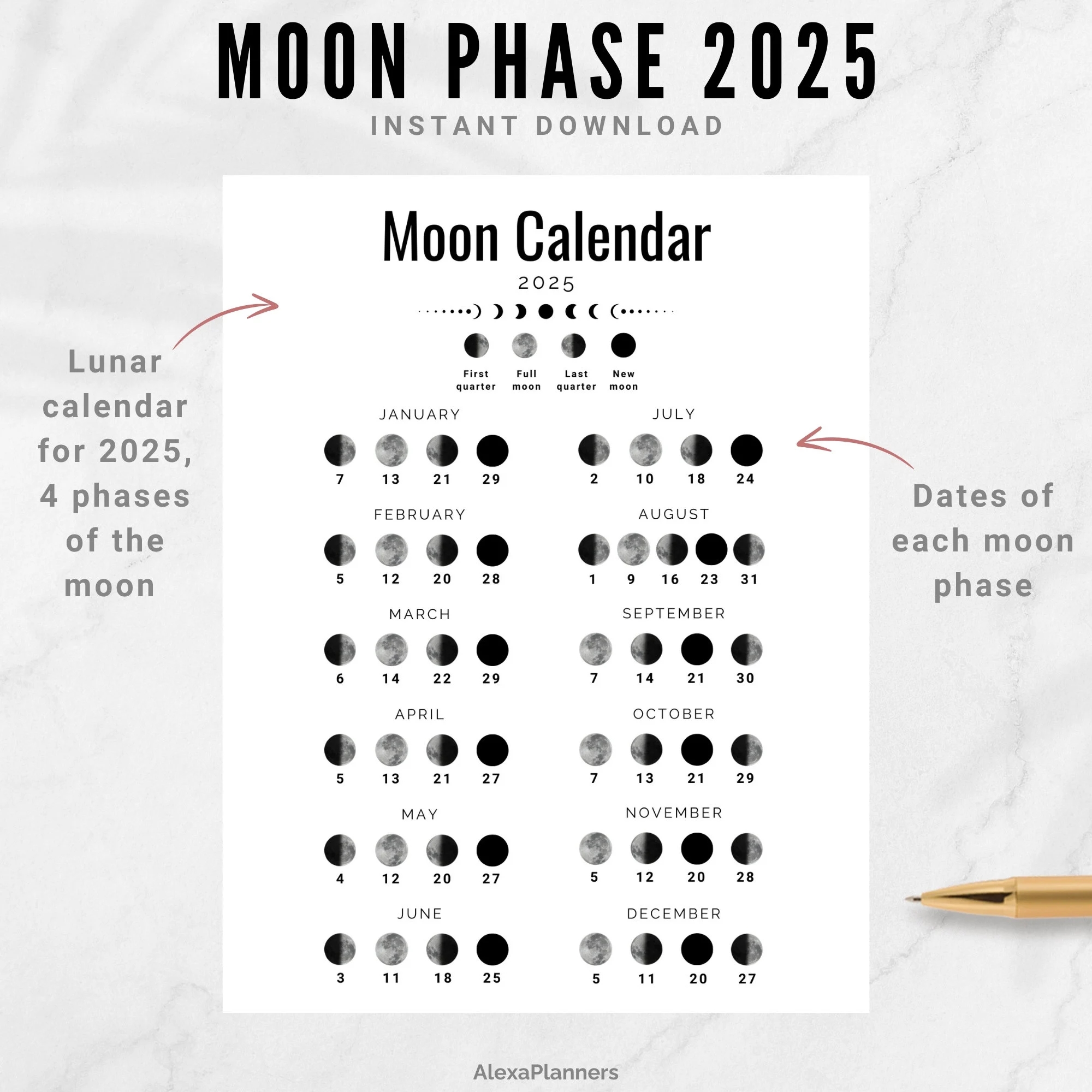Moon Phase Calendar 2025 A4 LETTER Size Lunar Calendar Etsy Moon Phase Calendar 2025 A4 LETTER Size Lunar Calendar Etsy