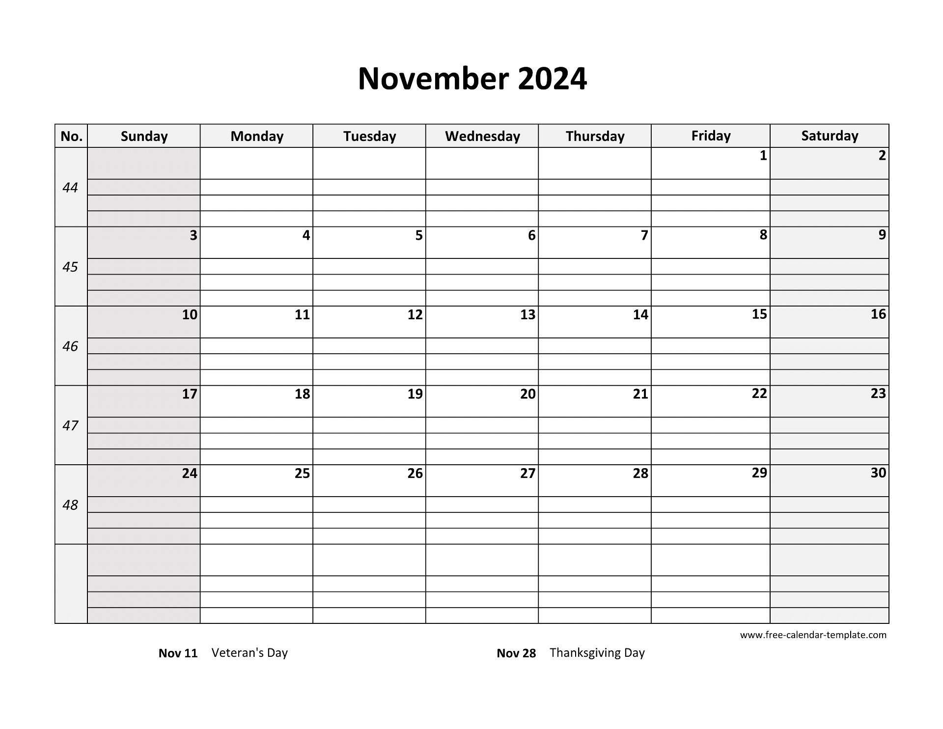 November Monthly Calendar Printable