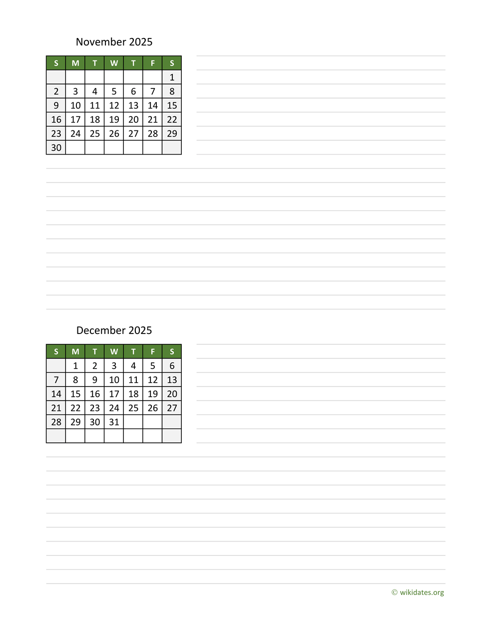 november and december 2025 calendar wikidates