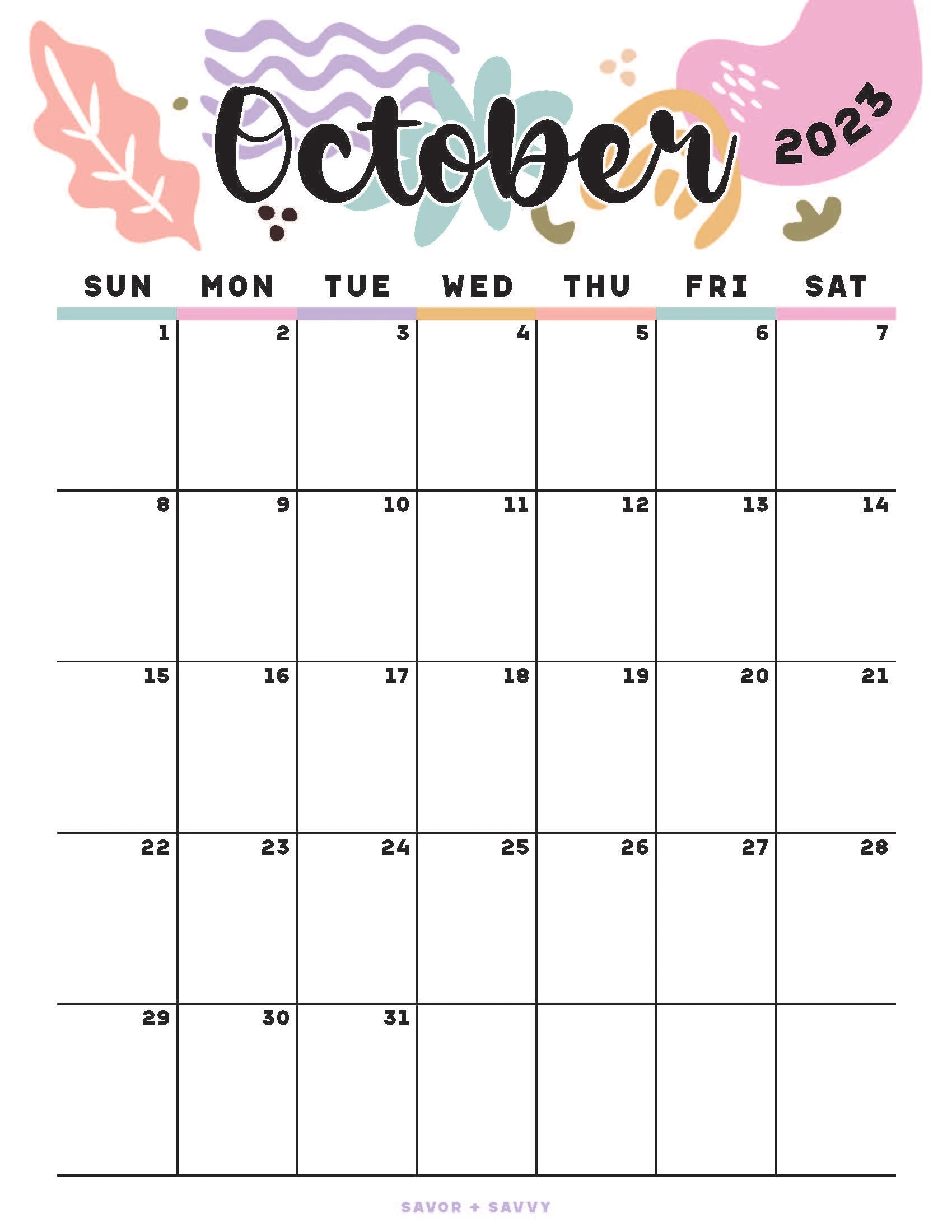 October 2023 Calendar Templates 12 Free Printables Savor Savvy