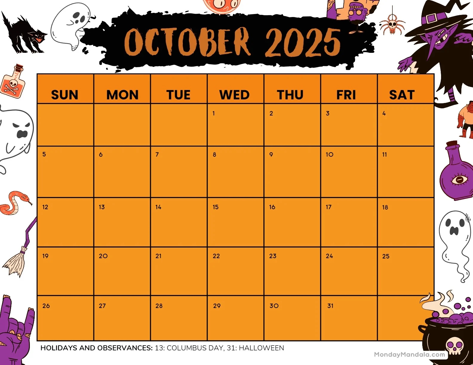 October 2025 Printable Calendar Color