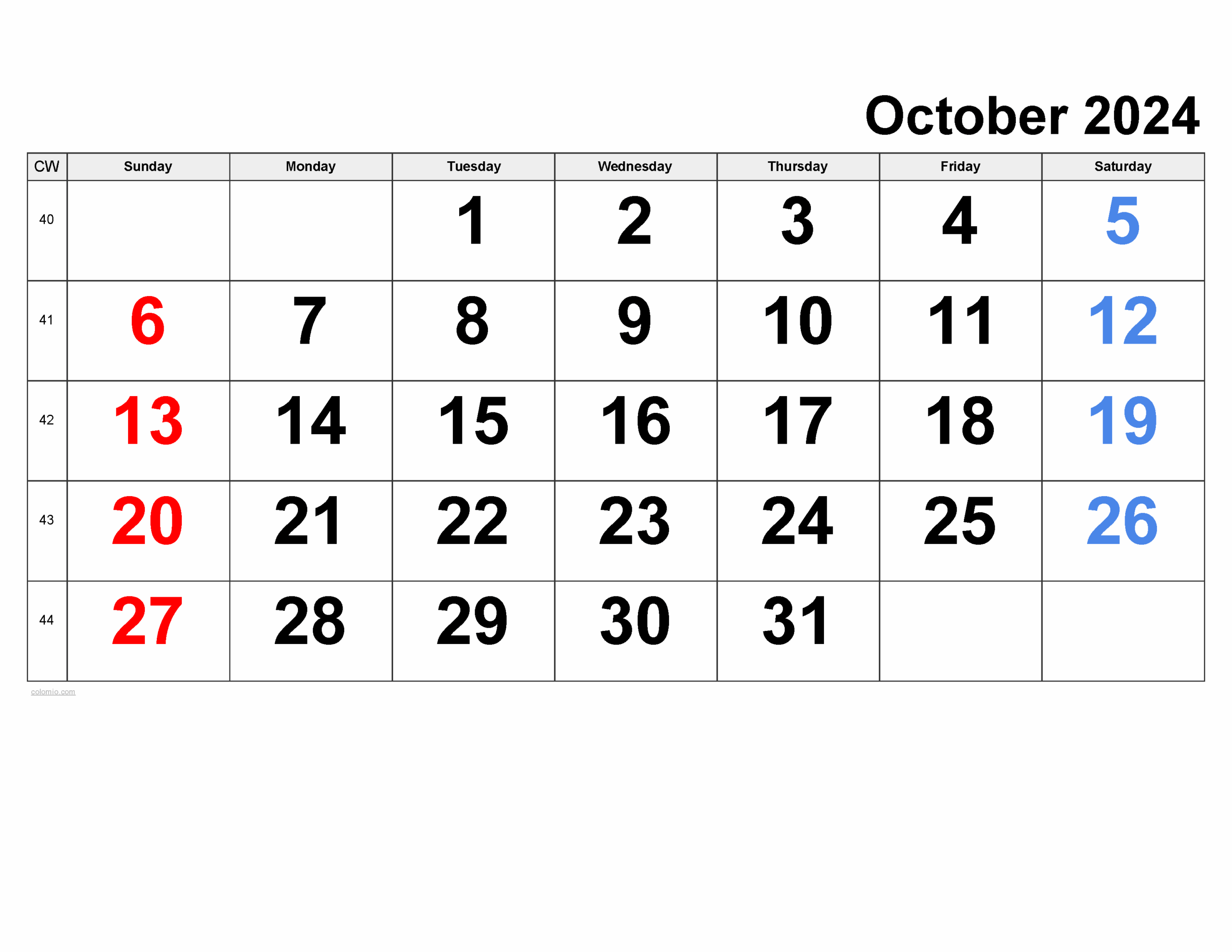 Printable Large Print October 2025 Calendar