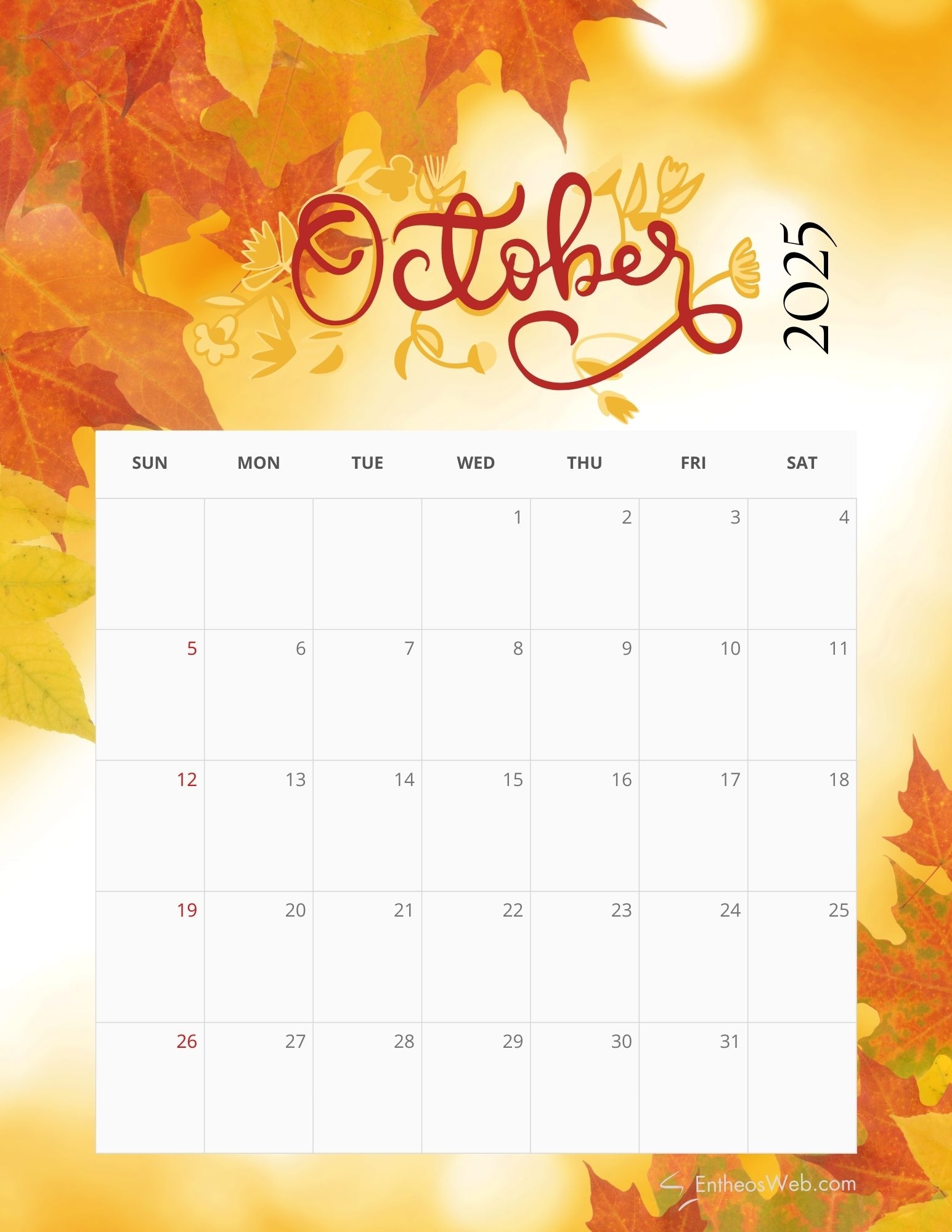 October 2025 Calendar Free Printable Pdf