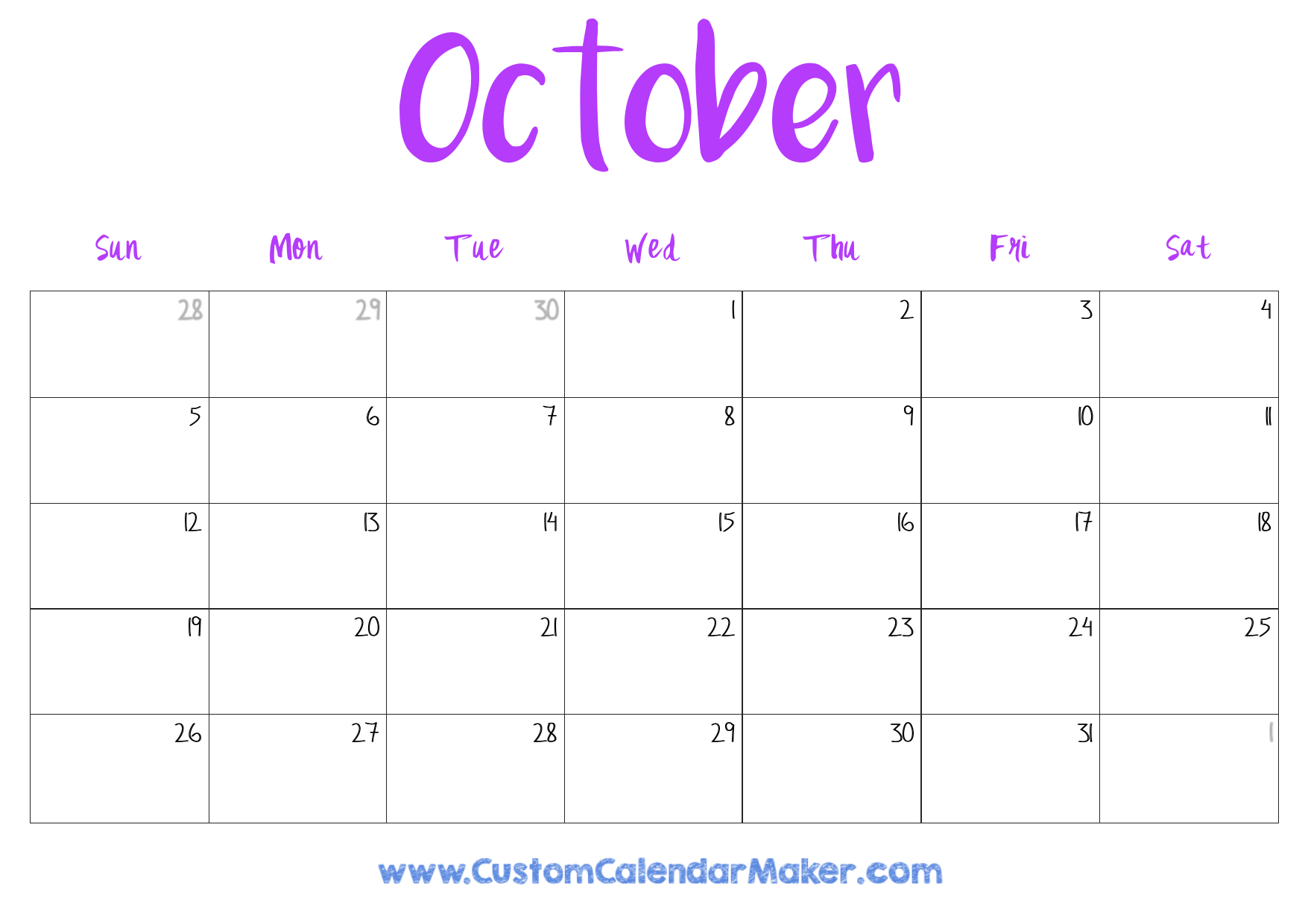 October 2025 Printable Calendar Template