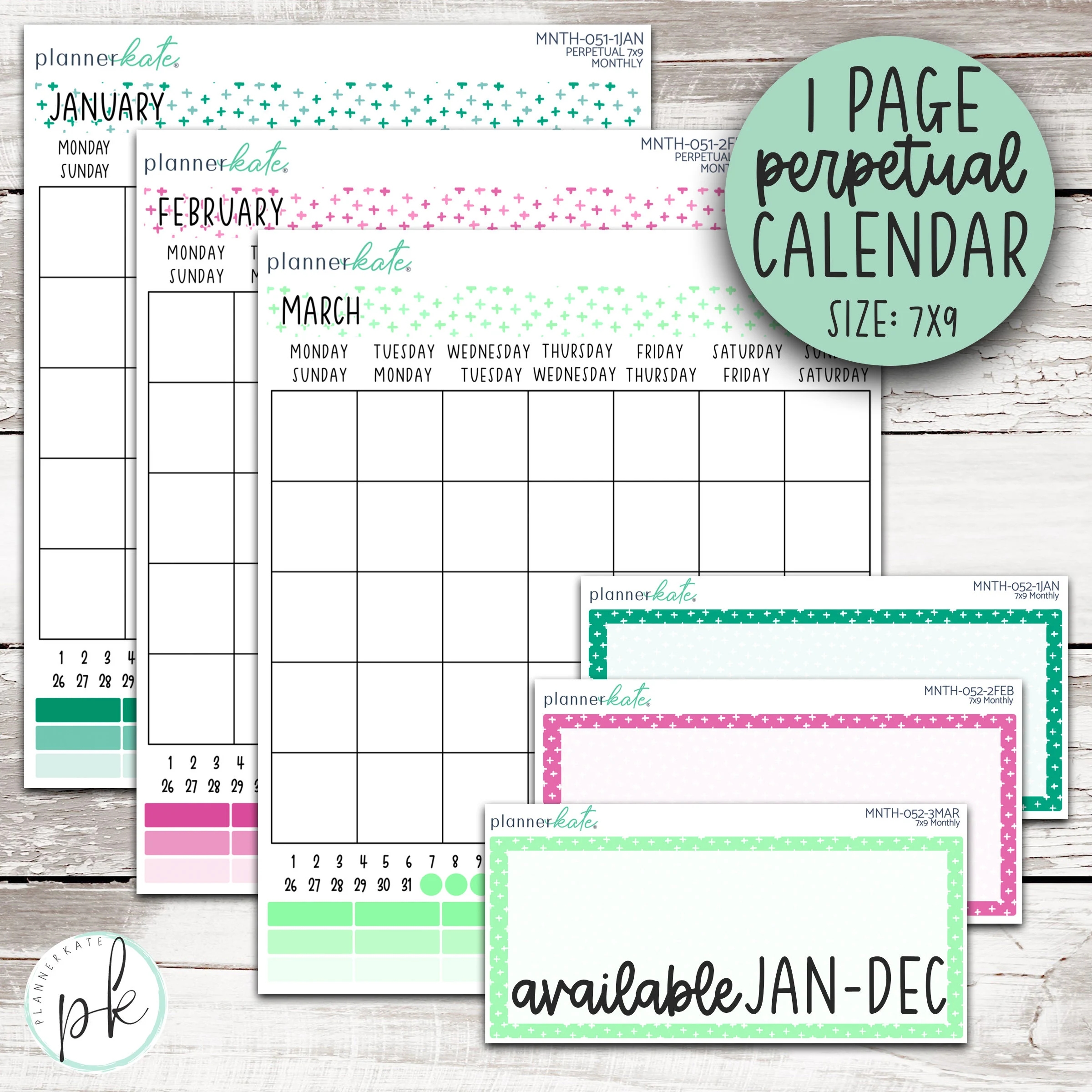 One Page Perpetual Calendars 7X9 EC Monthly Colors MNTH 051 MNTH 052 Etsy