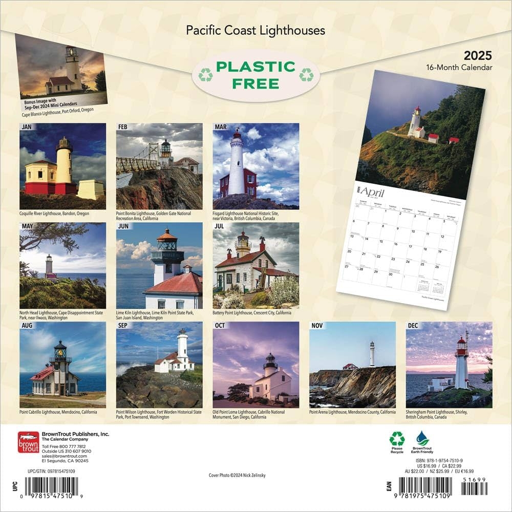 Pacific Coast Lighthouses 2025 12 X 24 Inch Monthly Square Wall Calendar Plastic Free BrownTrout USA United States Of America West Coast Scenic Nature BrownTrout BrownTrout Publishers Inc 9781975475109 Amazon Books