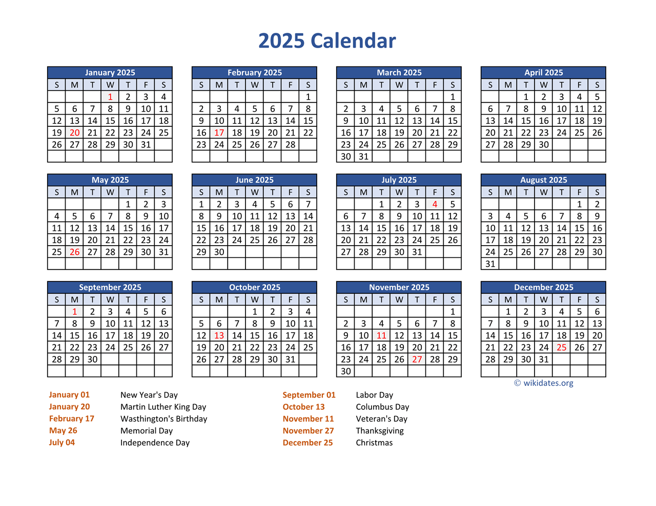 2025 Printable Calendar With Holidays