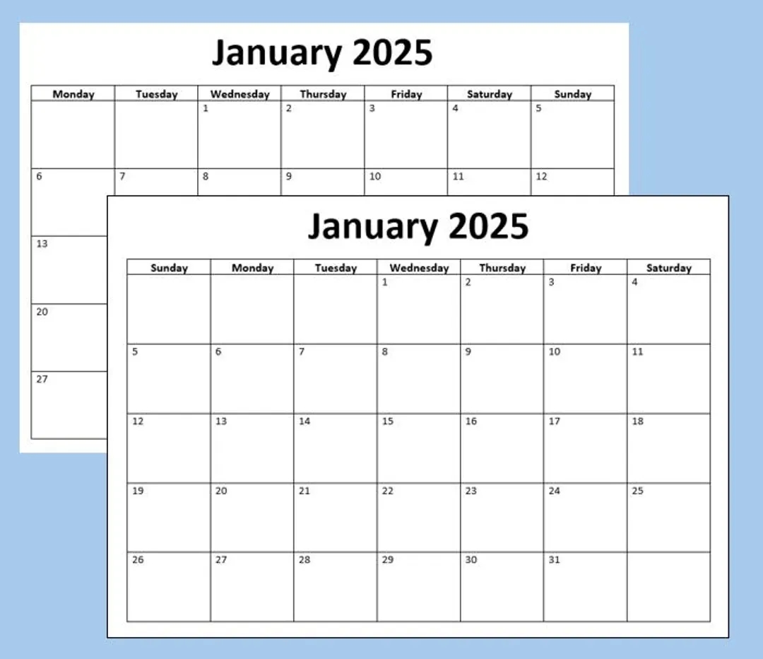 printable 2025 calendar sunday start and monday start 8 1 2 x 11 inches instant download etsy