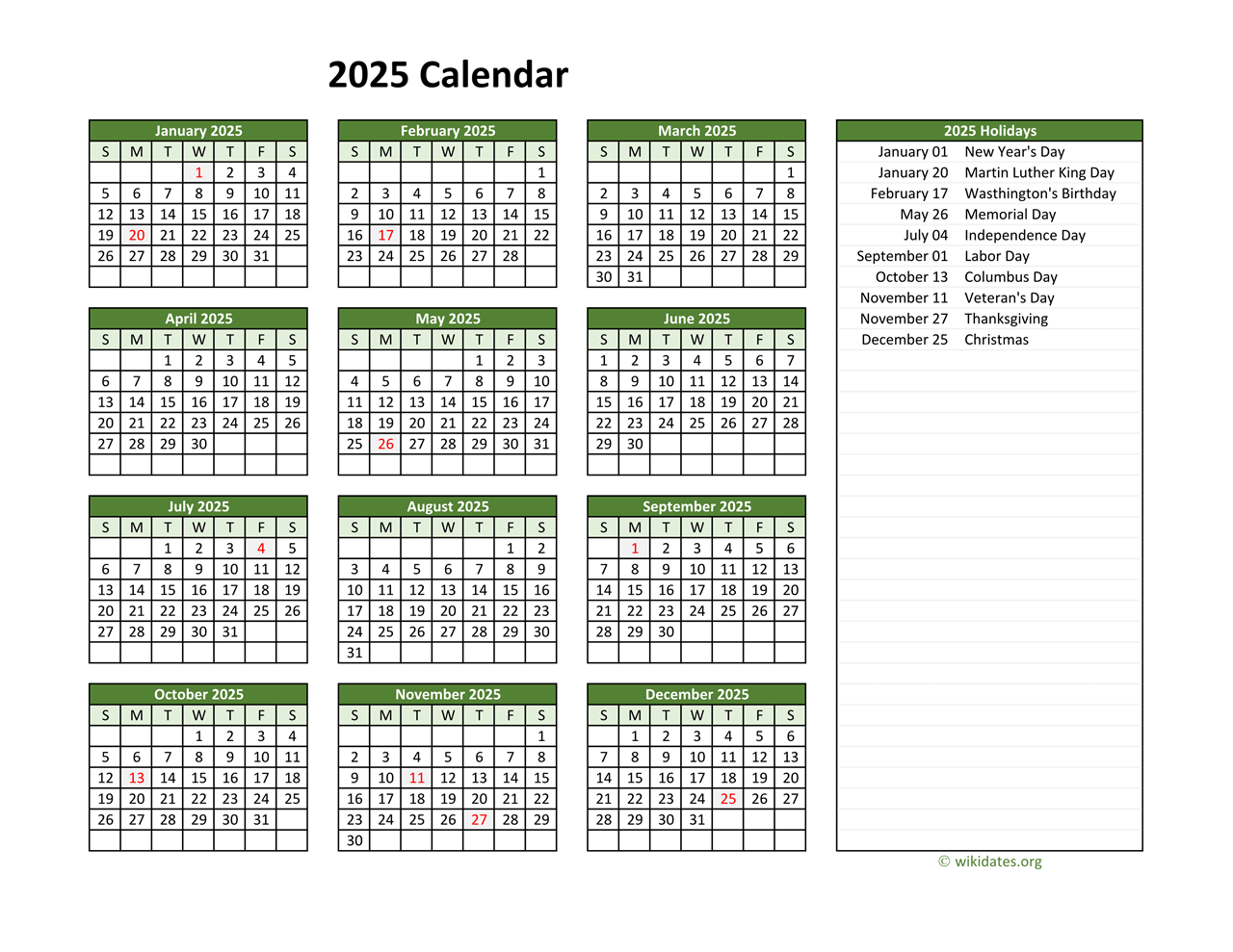 Free 2025 Calendar With Holidays Printable Pdf