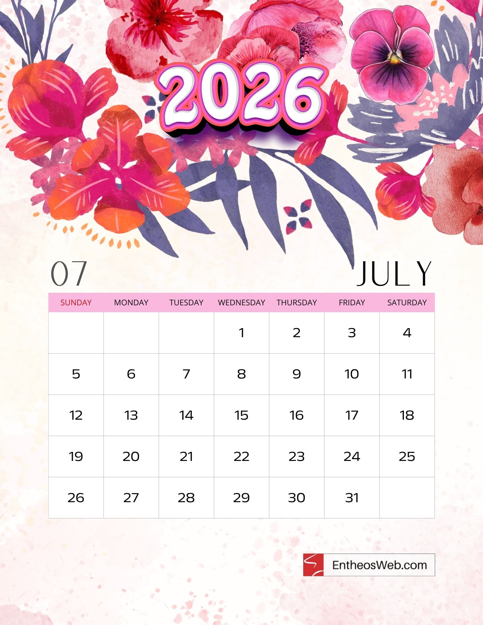 printable 2026 calendar beautiful watercolor floral design entheosweb