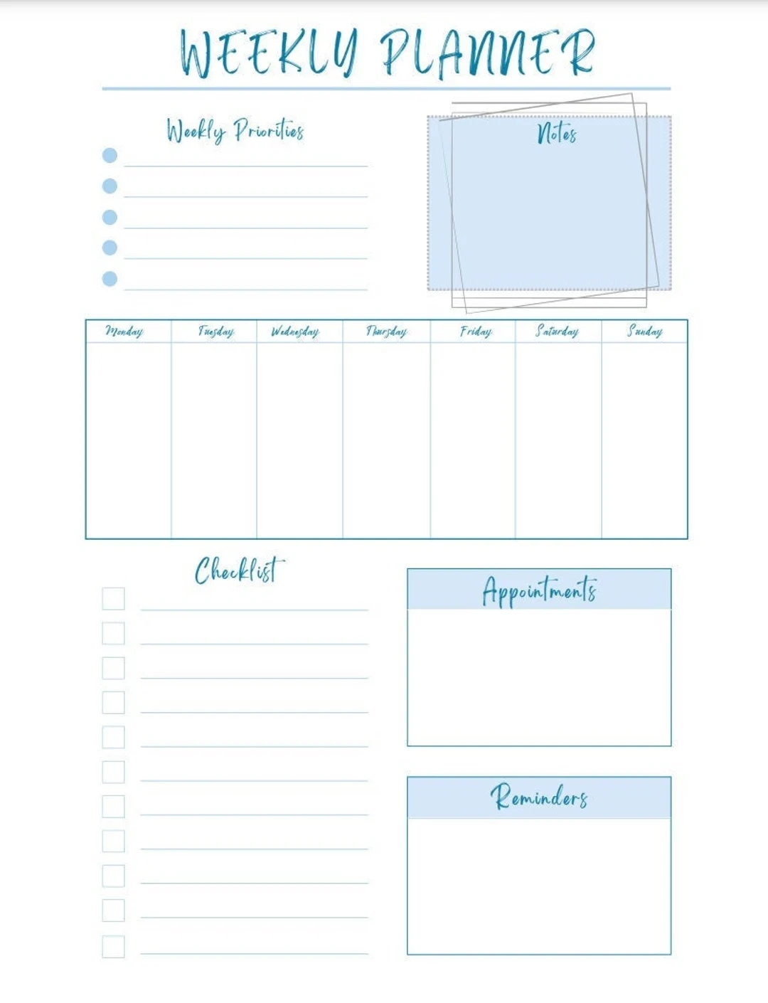 7 Day One Week Printable Weekly Calendar