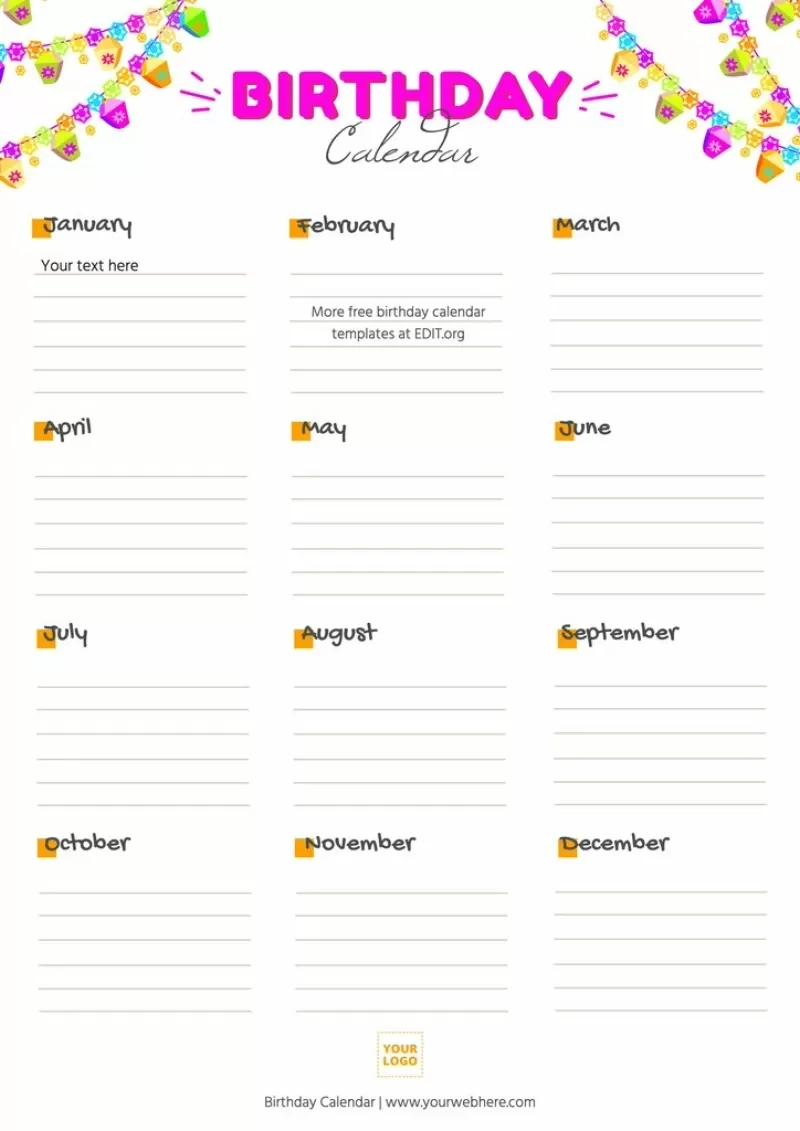 Printable Birthday Calendar Template