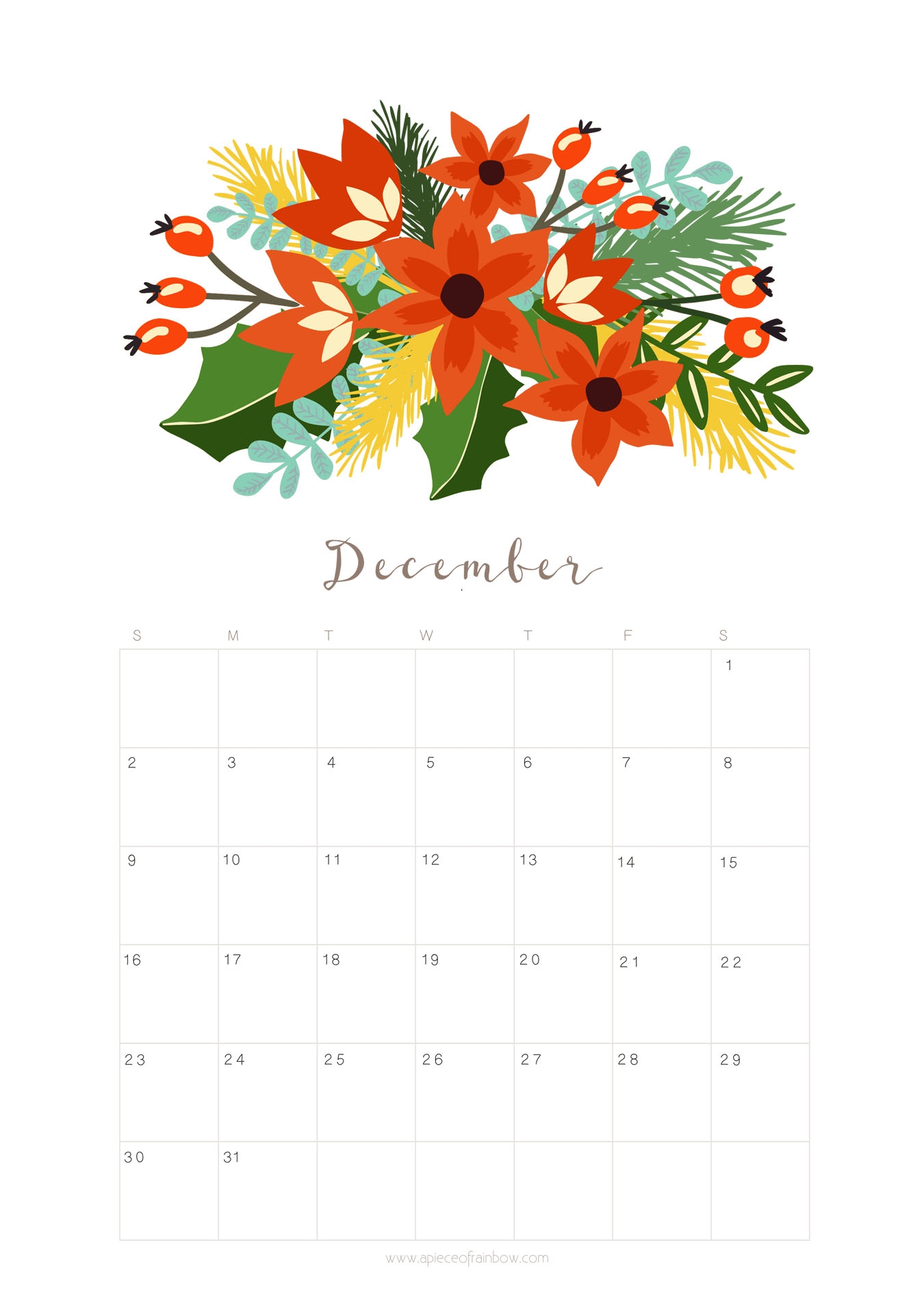December Calendar Heading Printable