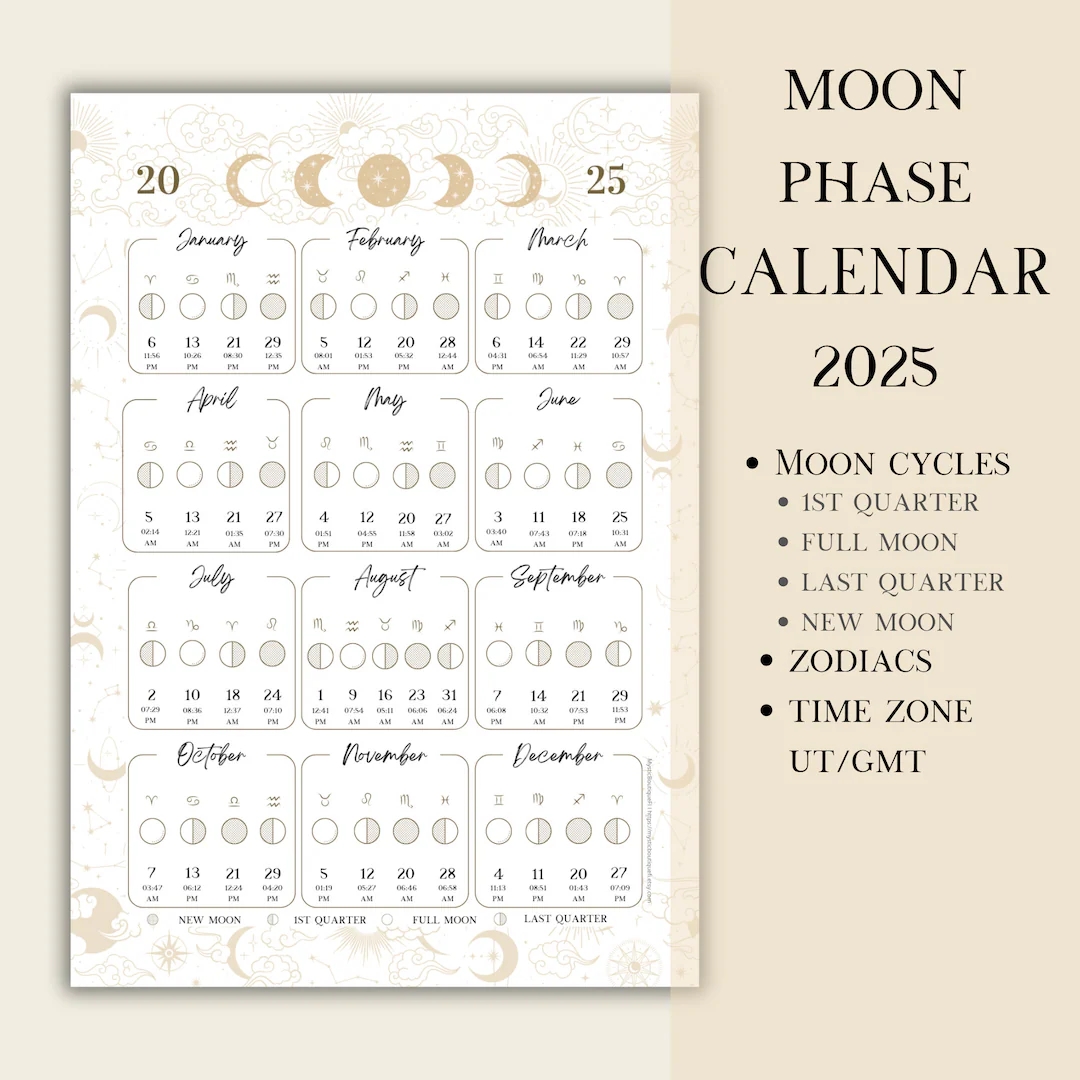 Printable PDF Lunar Calendar Moon Phase Calendar 2025 Etsy