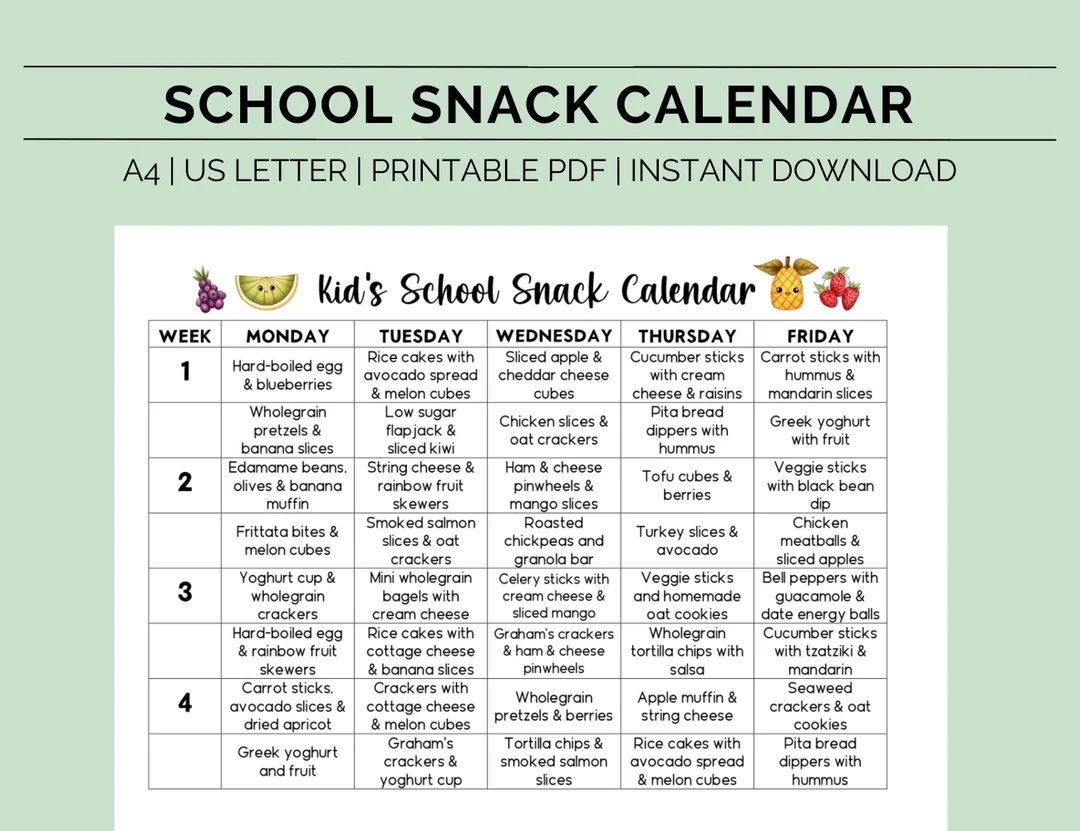 Printable School Snacks Calendar Healthy School Snacks Snacks For Homeschool Snack Meal Planner Kids Snack Planner Etsy