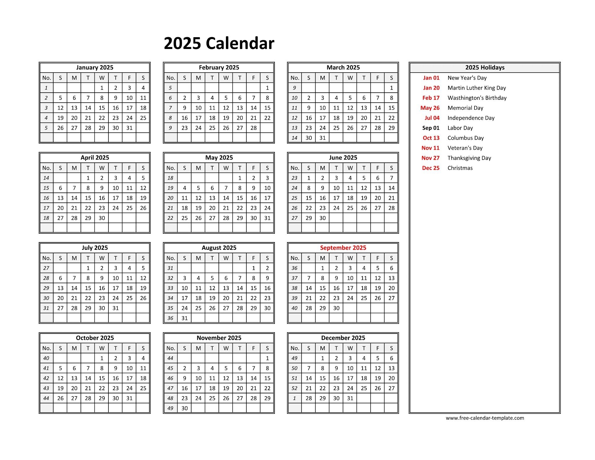 Printable Yearly Calendar 2025 Free calendar template