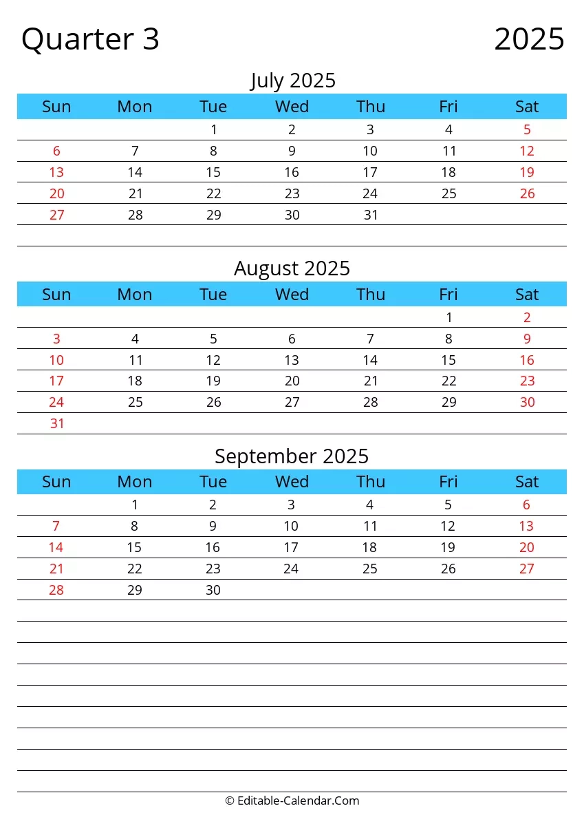 quarter 3 of 2025 editable calendar in excel word pdf