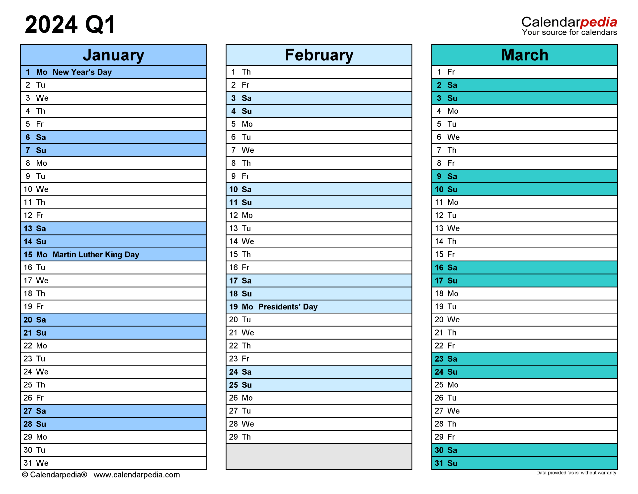 Quarterly Calendars 2024 Free Printable Word Templates