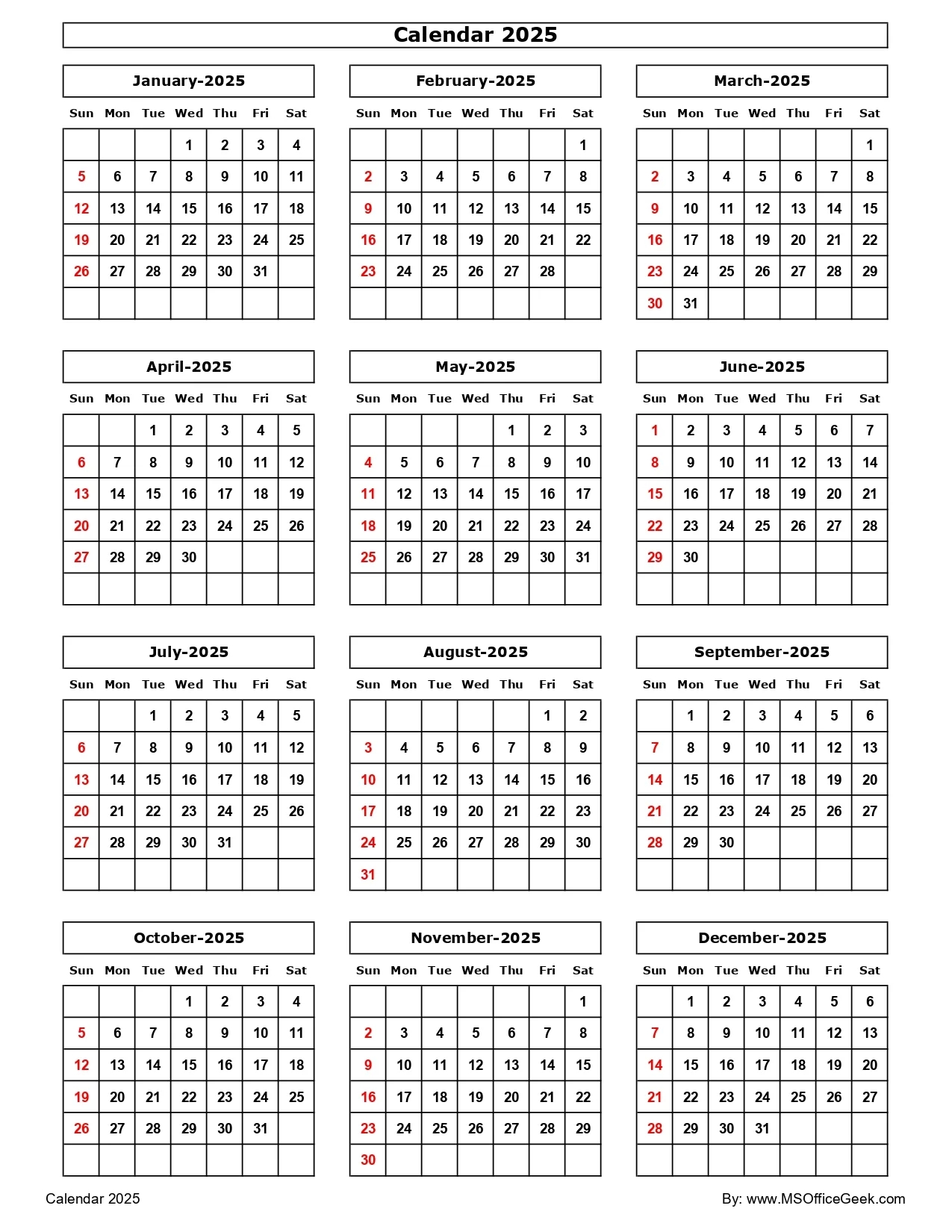 Calendar 2025 Printable Portrait