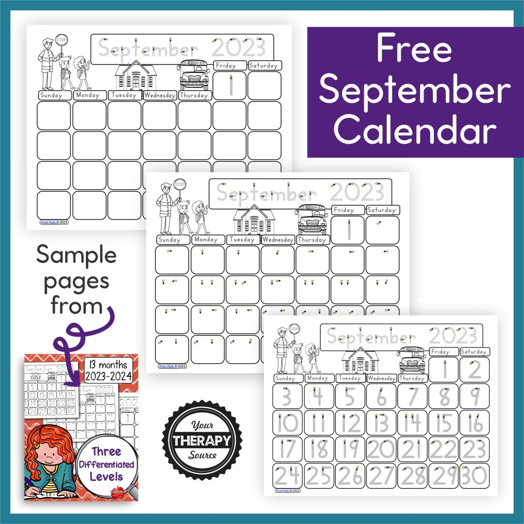 september 2023 calendar worksheet free printable your therapy source