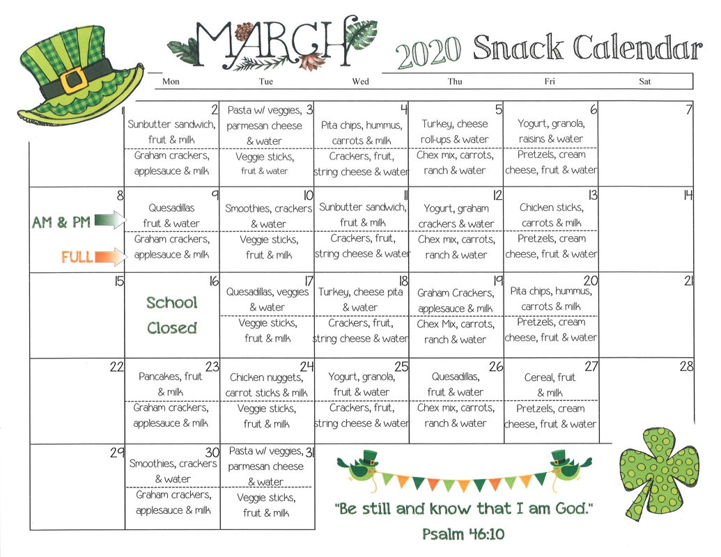 Snack Calendar Mission Lutheran School
