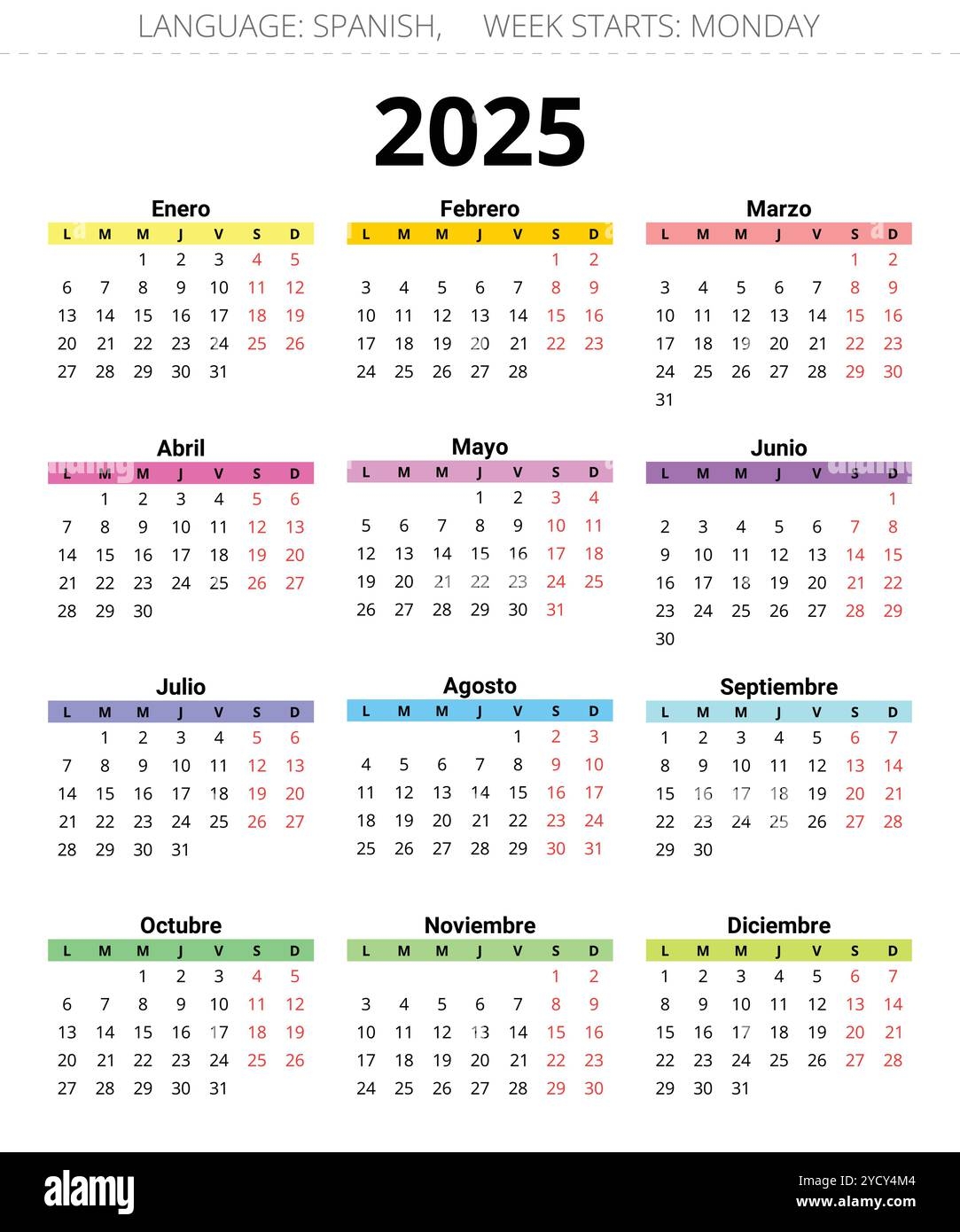 Spanish 2025 Year Annual Calendar Printable And Editable Vector Illustration For Spain Stock Vector Image Art Alamy