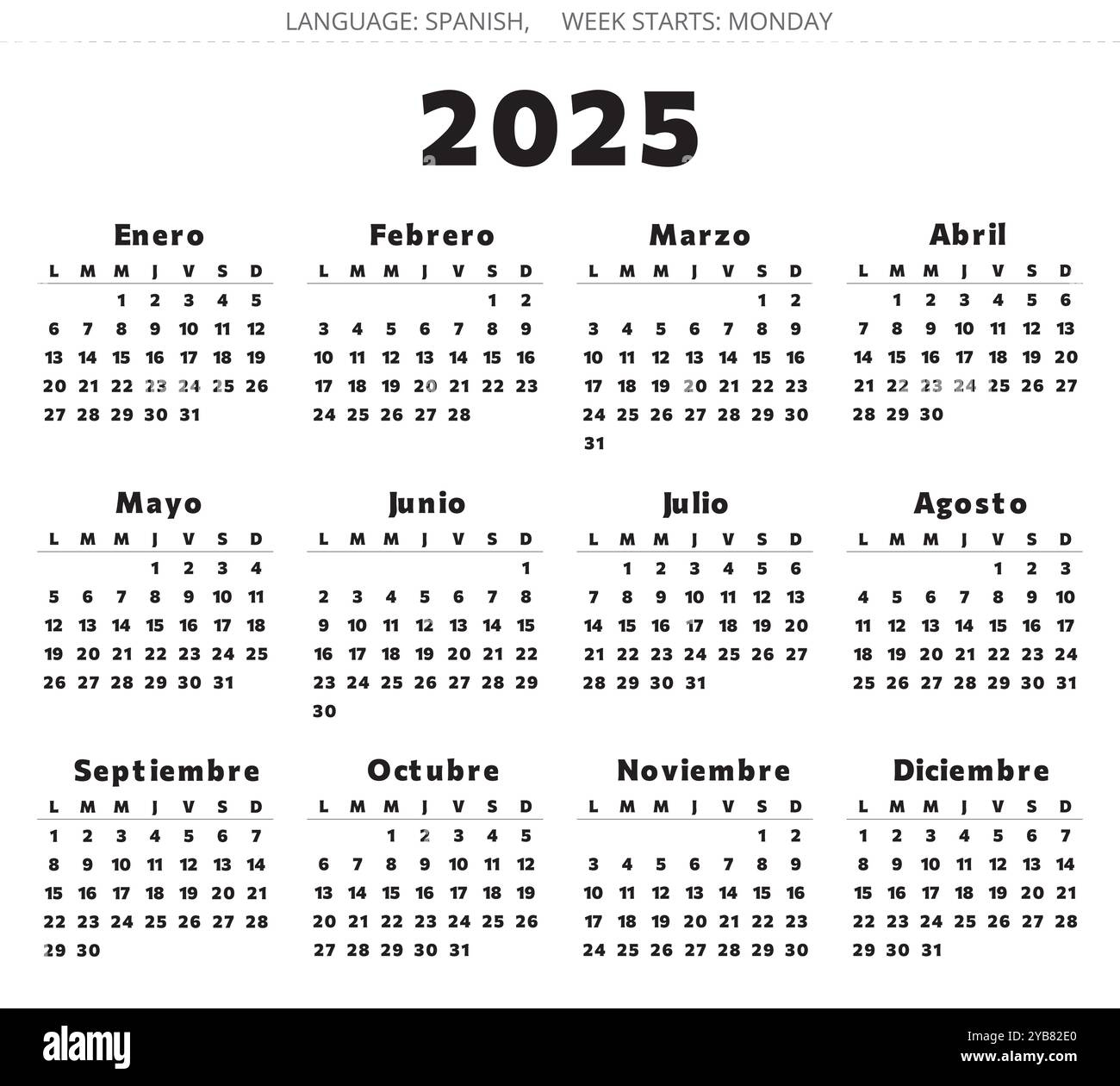 Spanish 2025 Year Calendar Printable Vector Black And Red Colors Illustration For Spain Good For Large Print Stock Vector Image Art Alamy