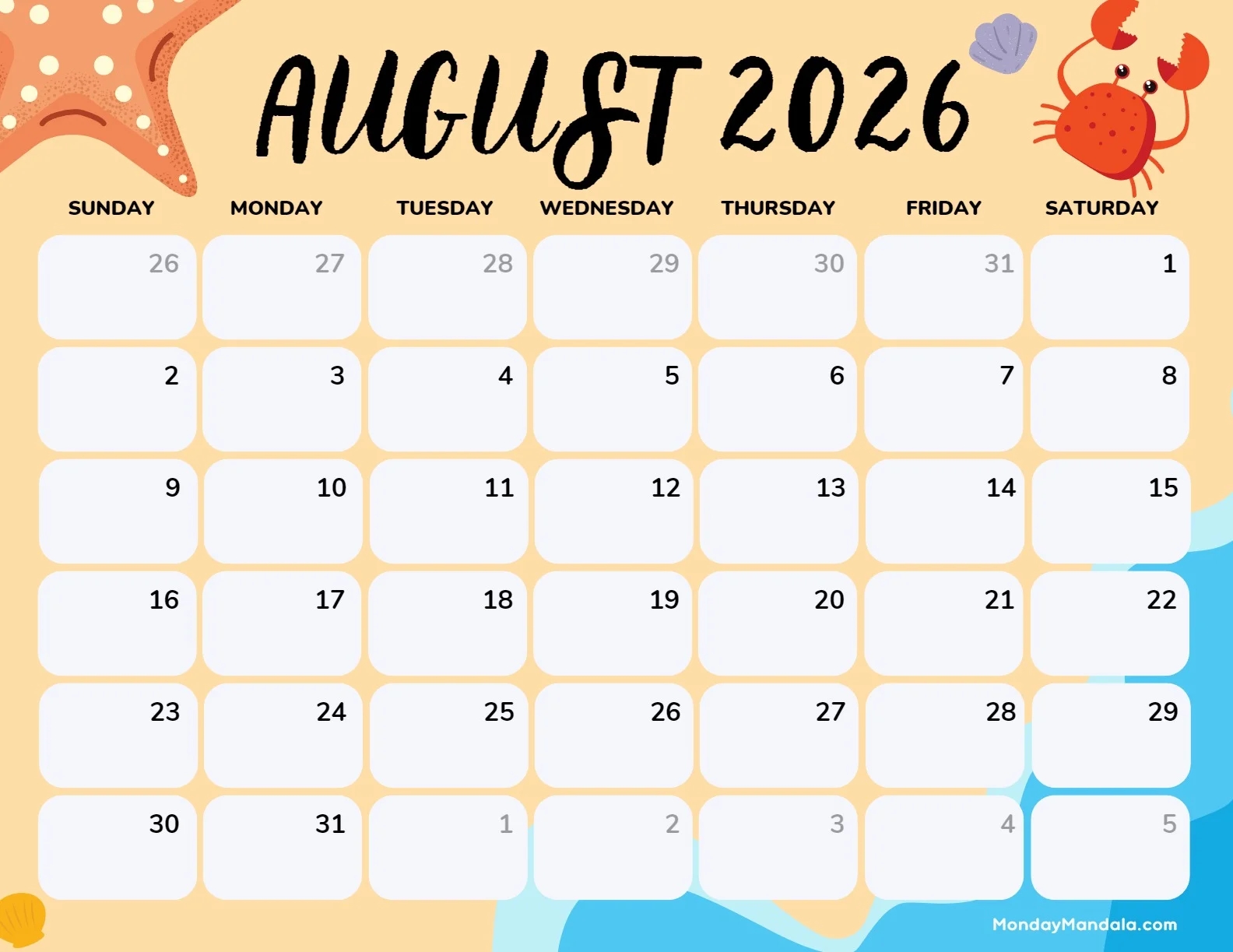 Printable Aug 2026 Calendar Free