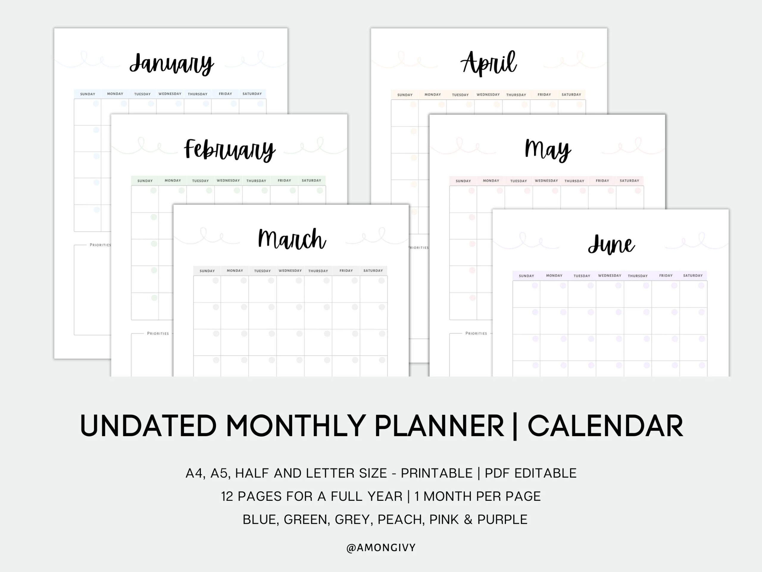 undated monthly planner calendar printable portrait desk calendar wall calendar calendar template pdf editable a4 a5 half letter letter etsy