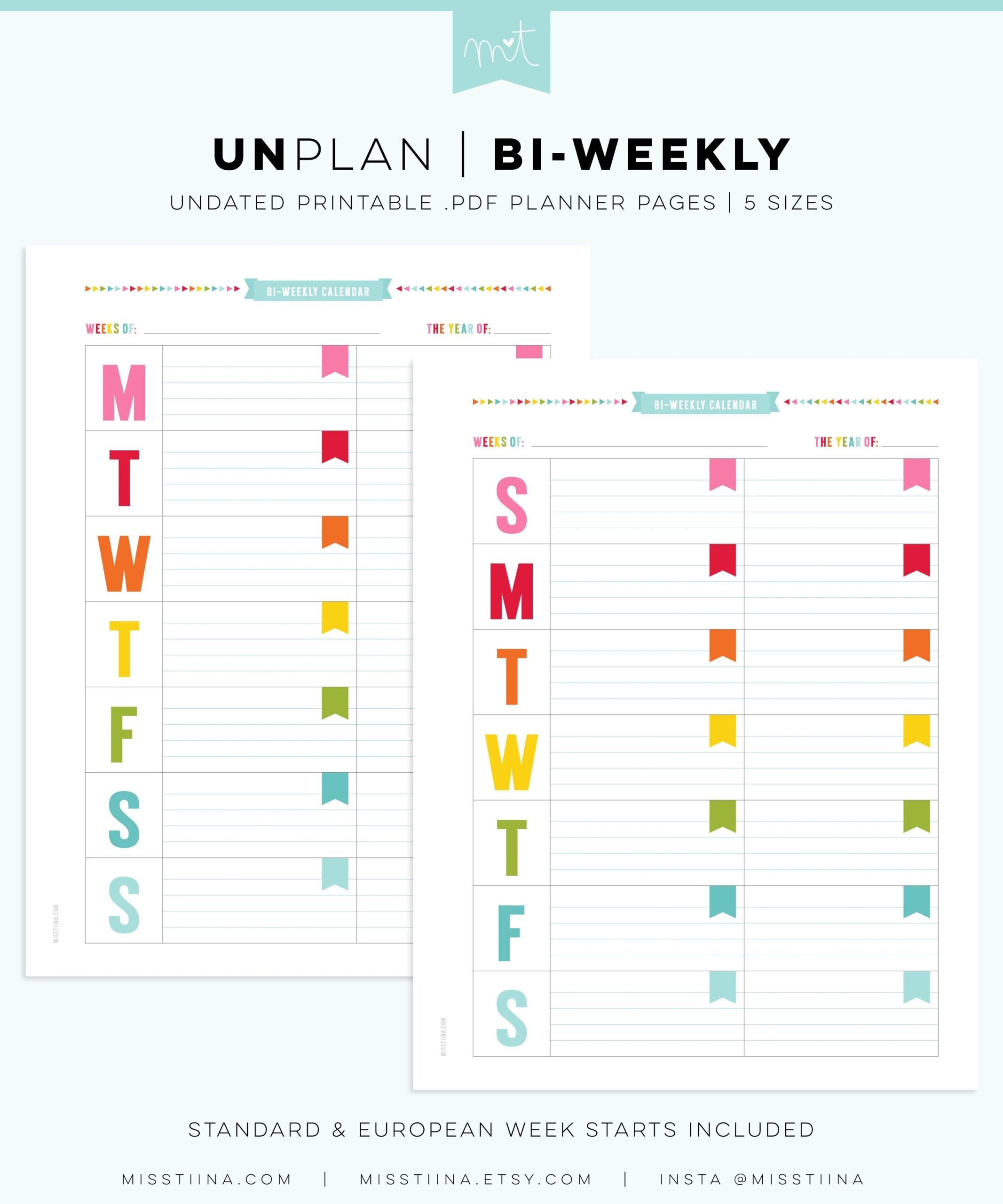 unplan bi weekly undated everyday planner page printables pdf 5 sizes digital calendars download colorful minimal fun organizing etsy