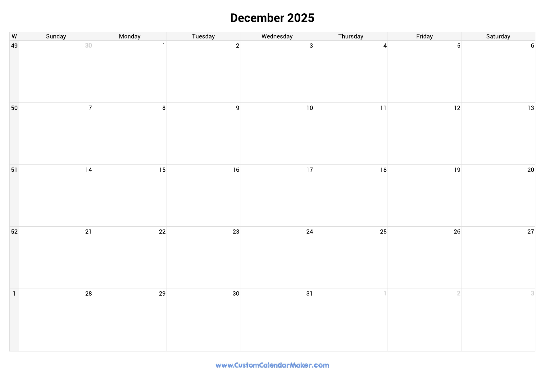 Weekly Calendar December 2025 Printable
