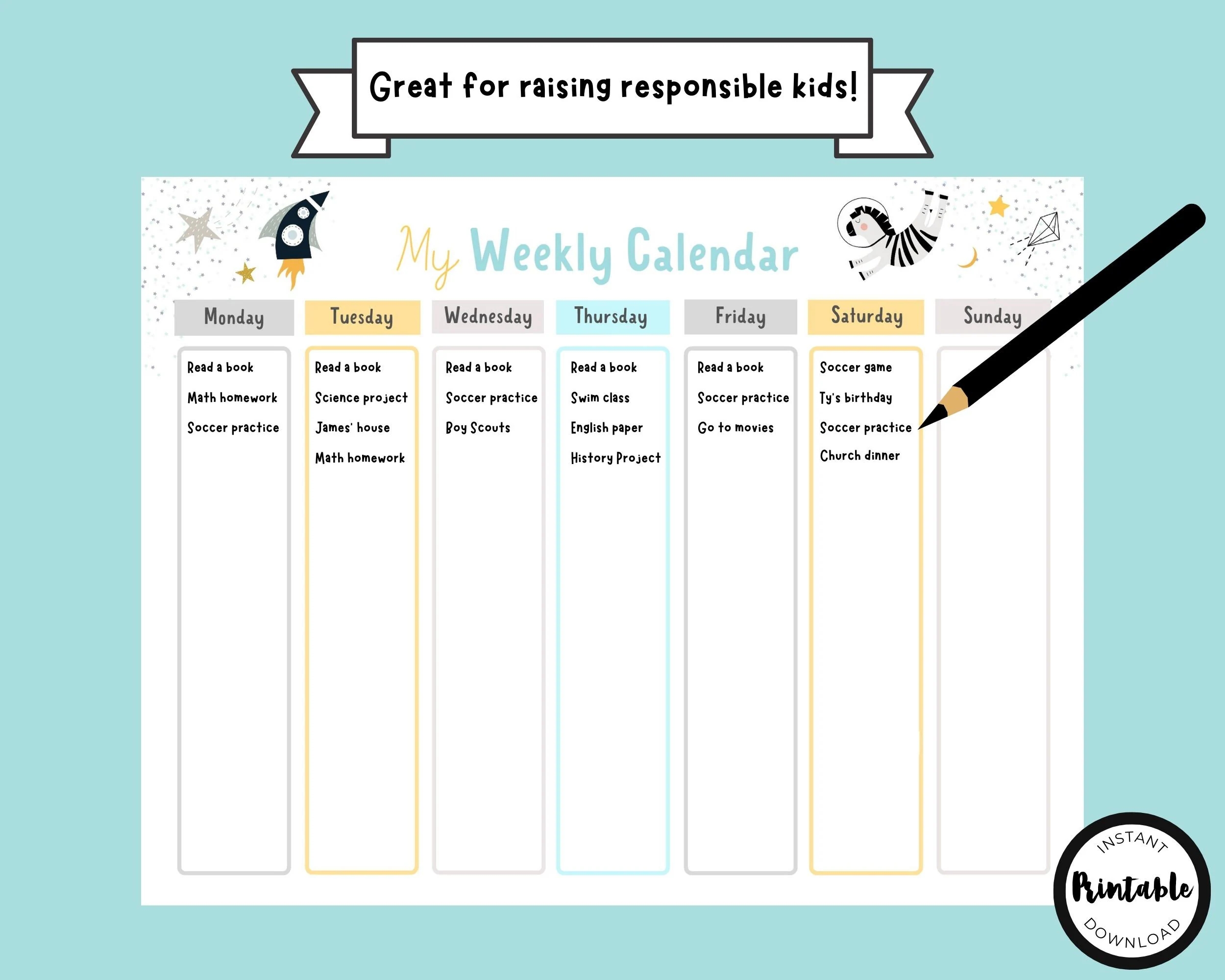 Weekly Calendar Printable For Kids Weekly Planner Week At A Glance Printable Kids Weekly Schedule Planner To Do List Instant Download Etsy