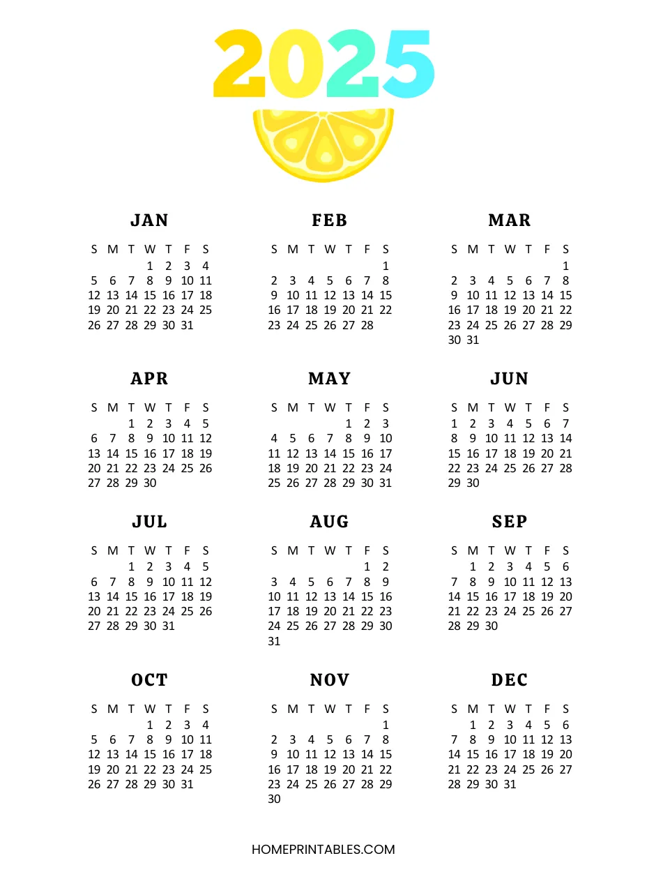 Year On One Page Printable Calendar