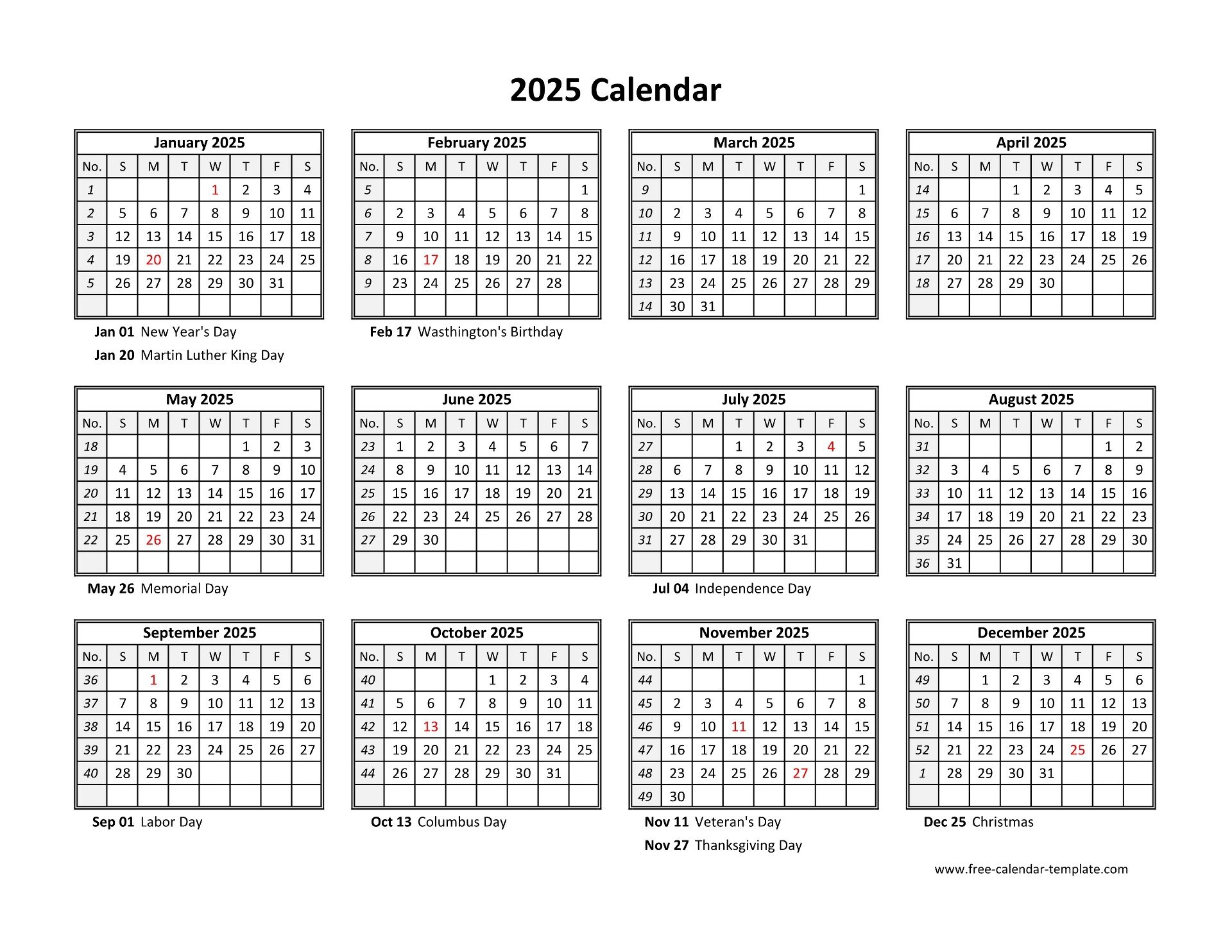 Yearly Calendar 2025 Printable With Federal Holidays Free calendar Template Yearly Calendar 2025 Printable With Federal Holidays Free calendar Template