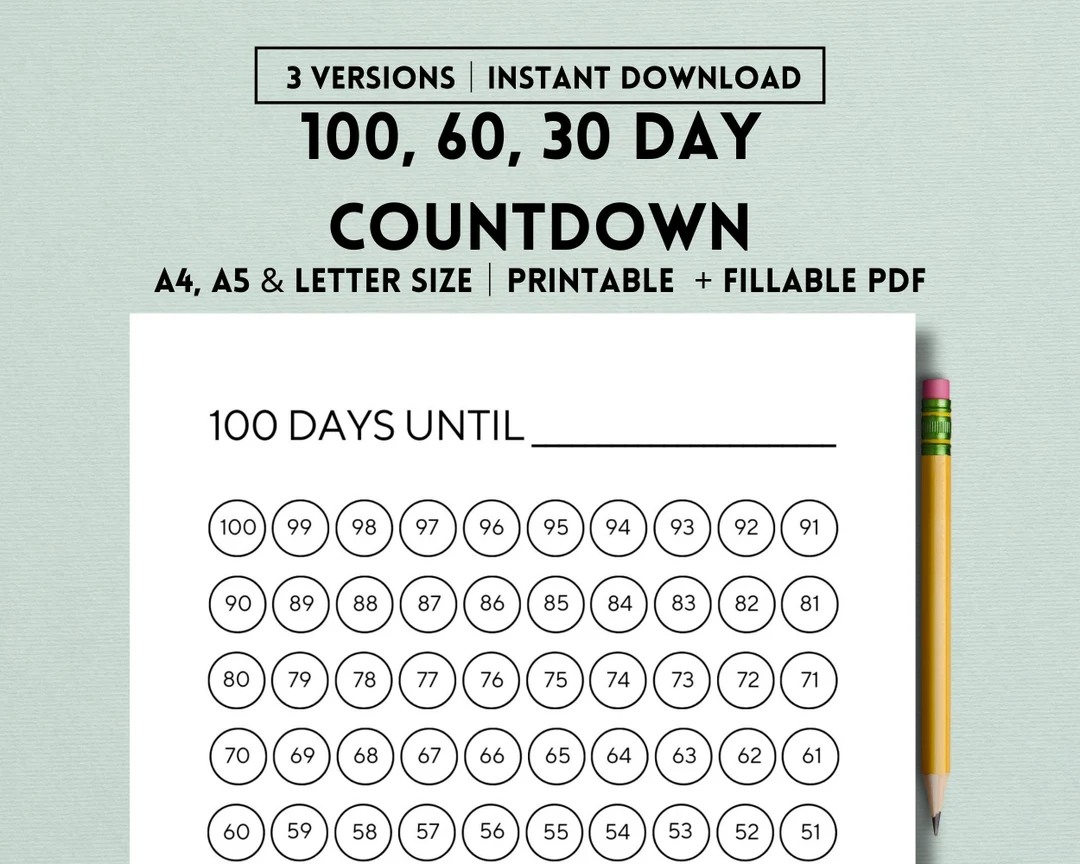 100 60 30 Day Countdown Printable Template Countdown Calendar Countdown To Christmas Vacation Wedding Holiday Birthday Kids Baby Etsy