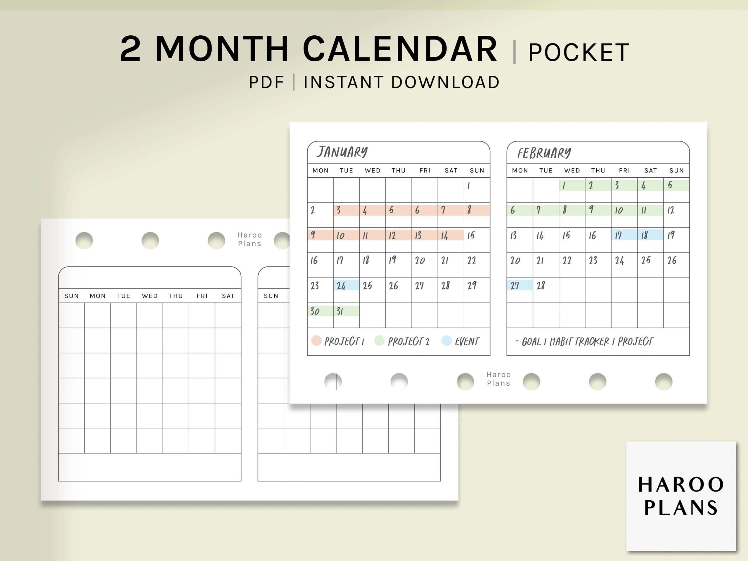 2 Month Calendar Pocket Size Printable Planner Inserts Two Months On 1 Page Template Monthly PDF Horizontal Digital Download Etsy