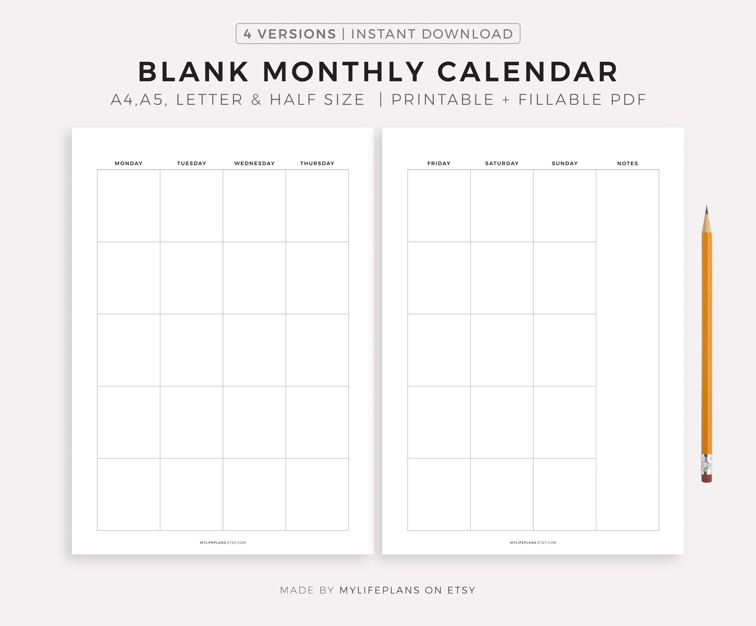 2 Page Blank Monthly Calendar Printable Fillable Minimalist Calendar Template PDF Monday sunday Start A4 letter Instant Download Etsy