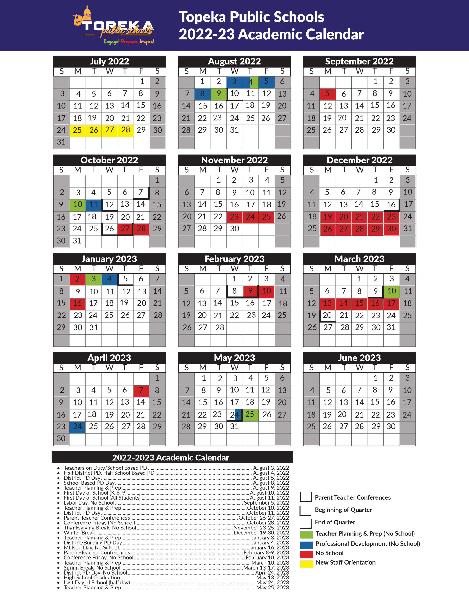 2022 2023 Academic Calendar Topeka Public Schools