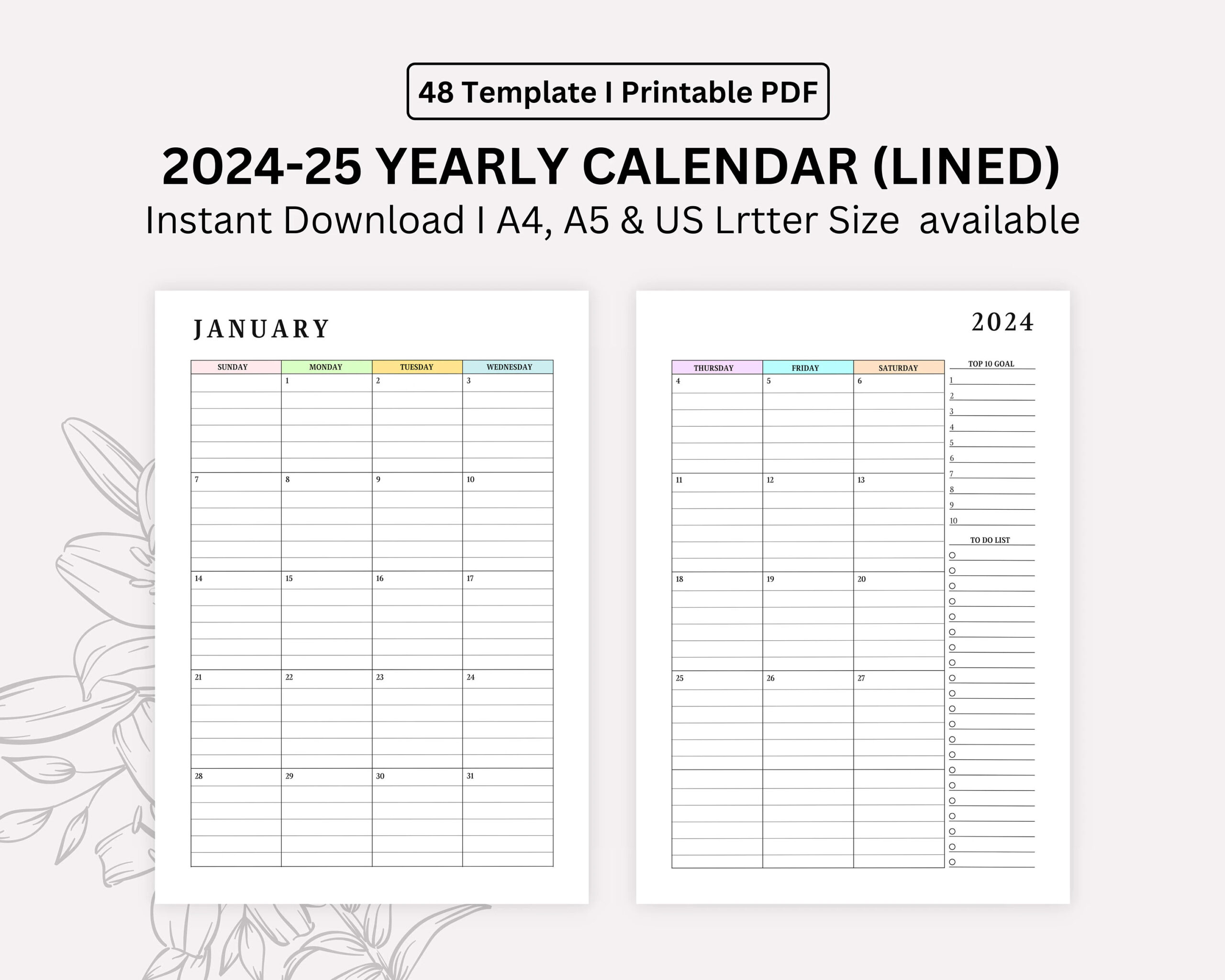 2024 2025 Monthly Lined Calendar Printable Dated Month On 2 Pages Month At A Glance A4 a5 letter half Instant Download Etsy